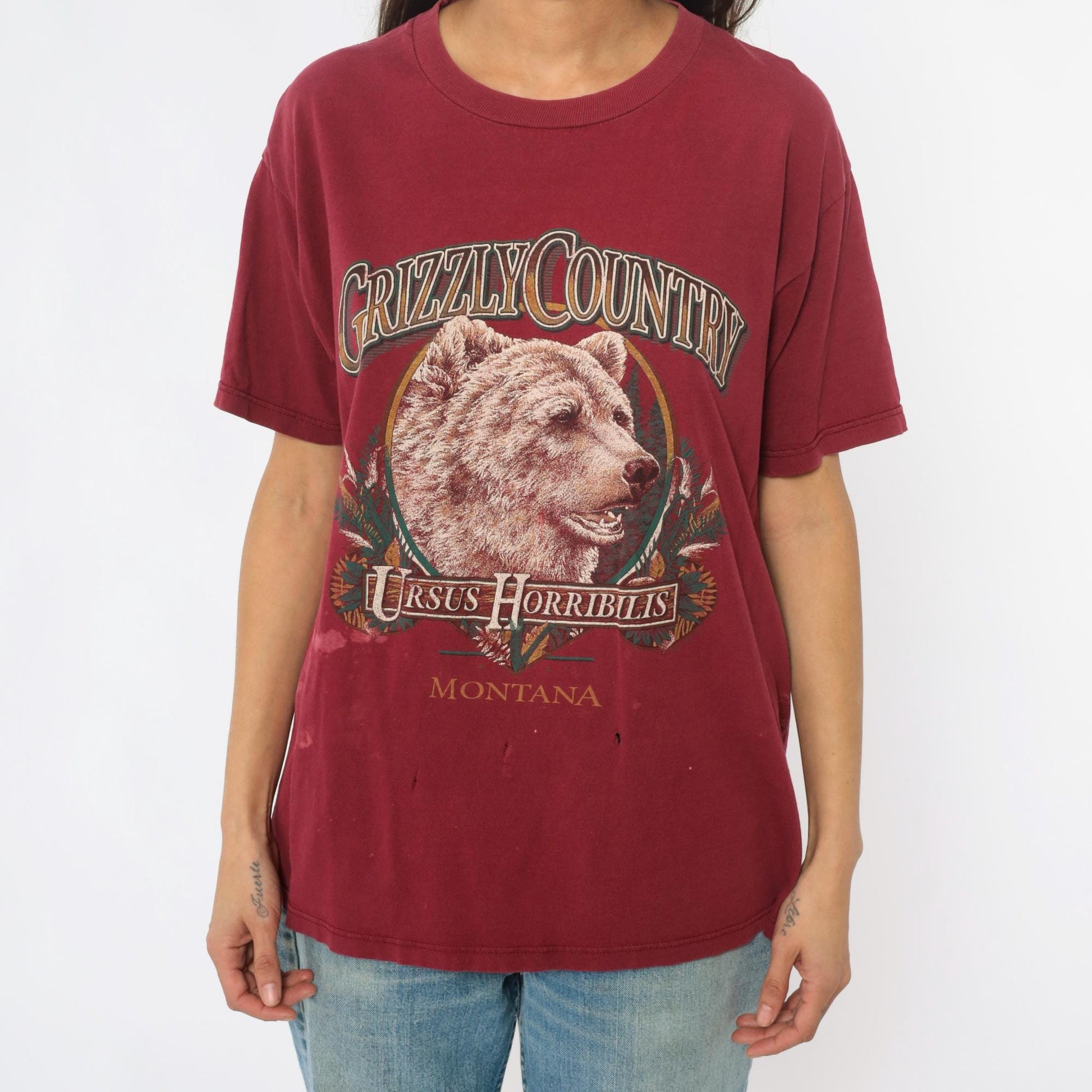 90s Grizzly Bear Montana Graphic Tee Burgundy Cotton Medium M