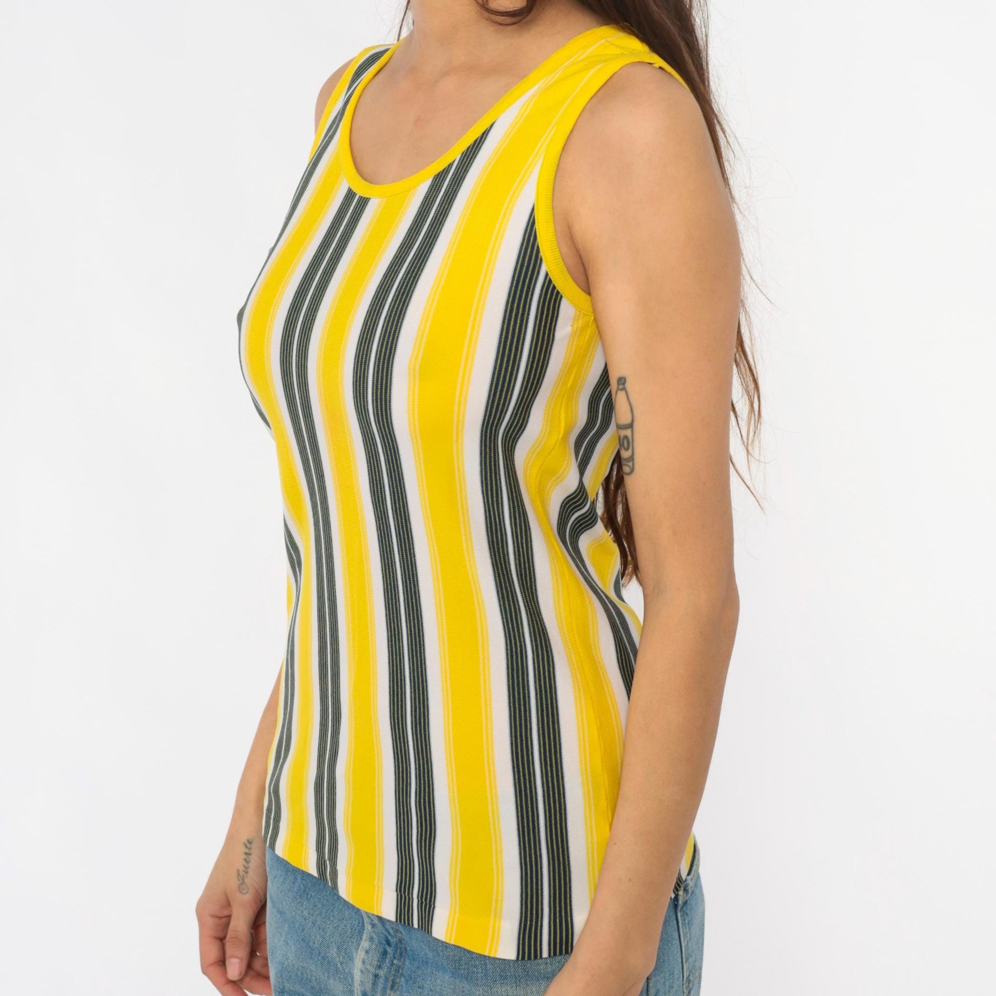 70s Yellow Black White Vertical Stripe Tank Top Scoop Neck Extra Small XS