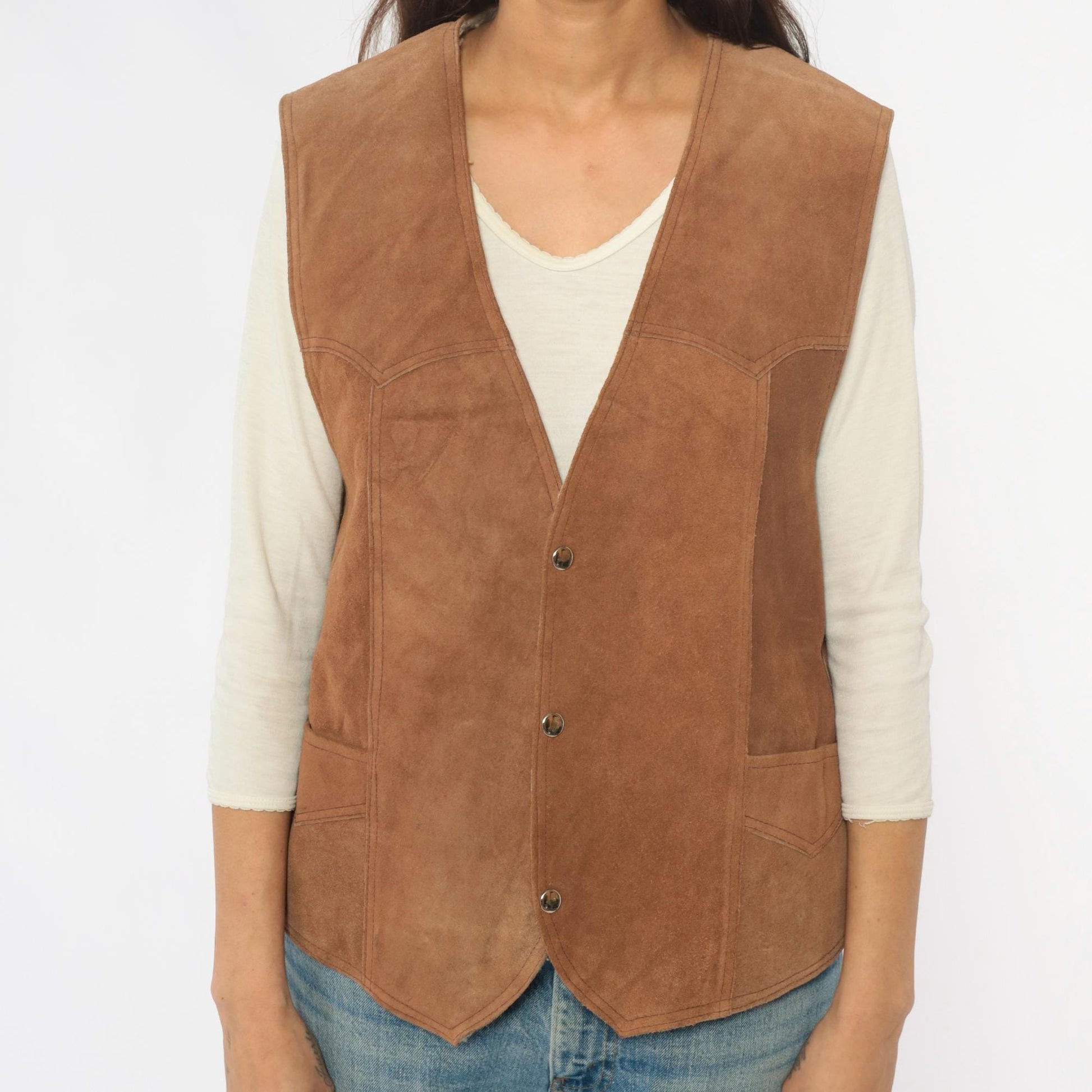80s Brown Suede Vest Shearling Lined Snap Button Western Waistcoat Large L