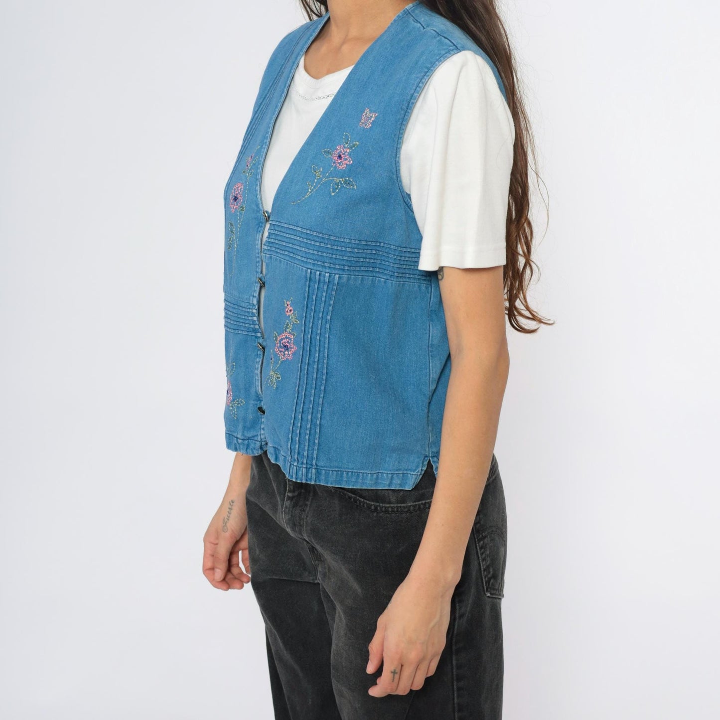 90s Blue Denim Vest Embroidered Floral Button Front Pintuck Small S
