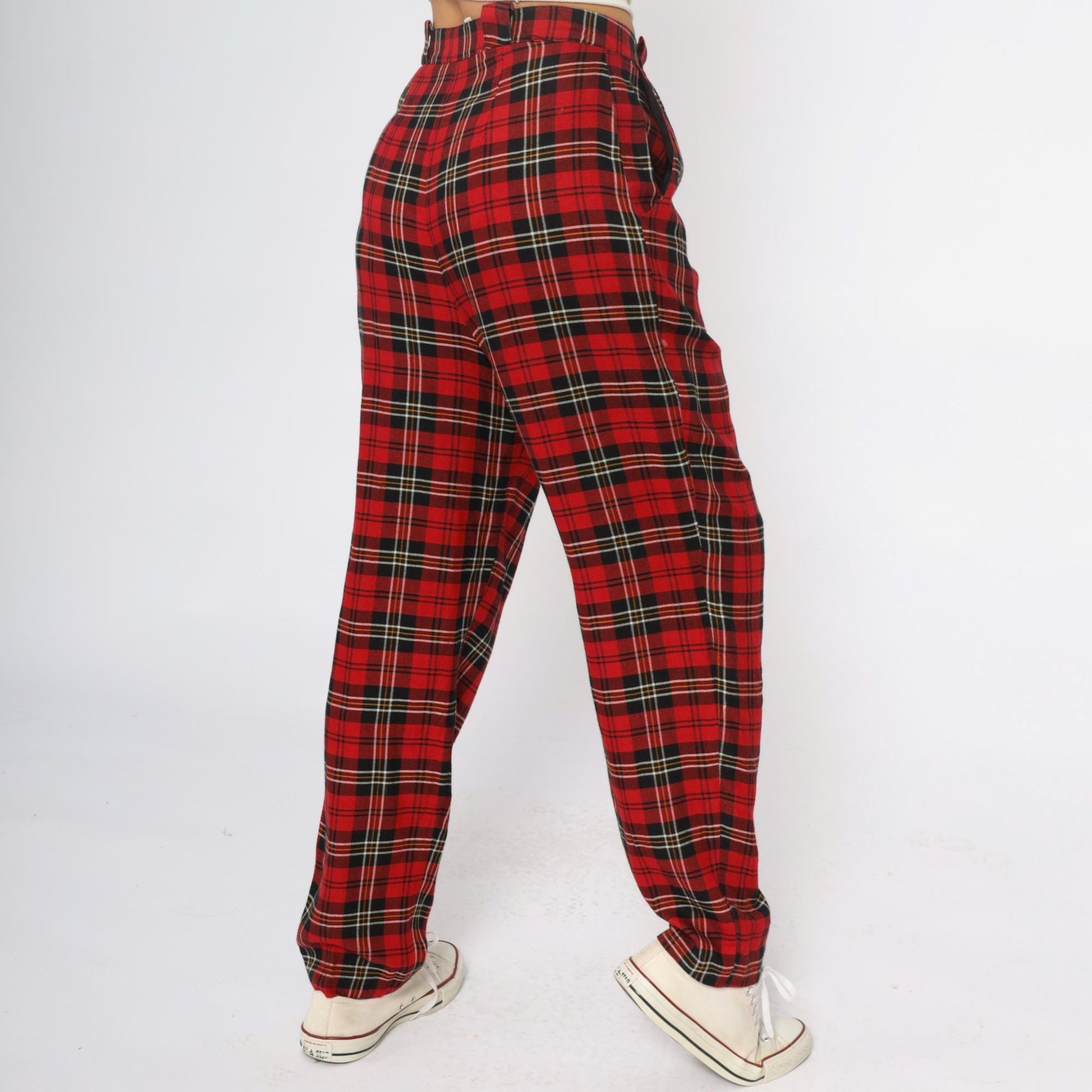 90s Chinicci Red Tartan High-Waist Pleated Trousers Medium