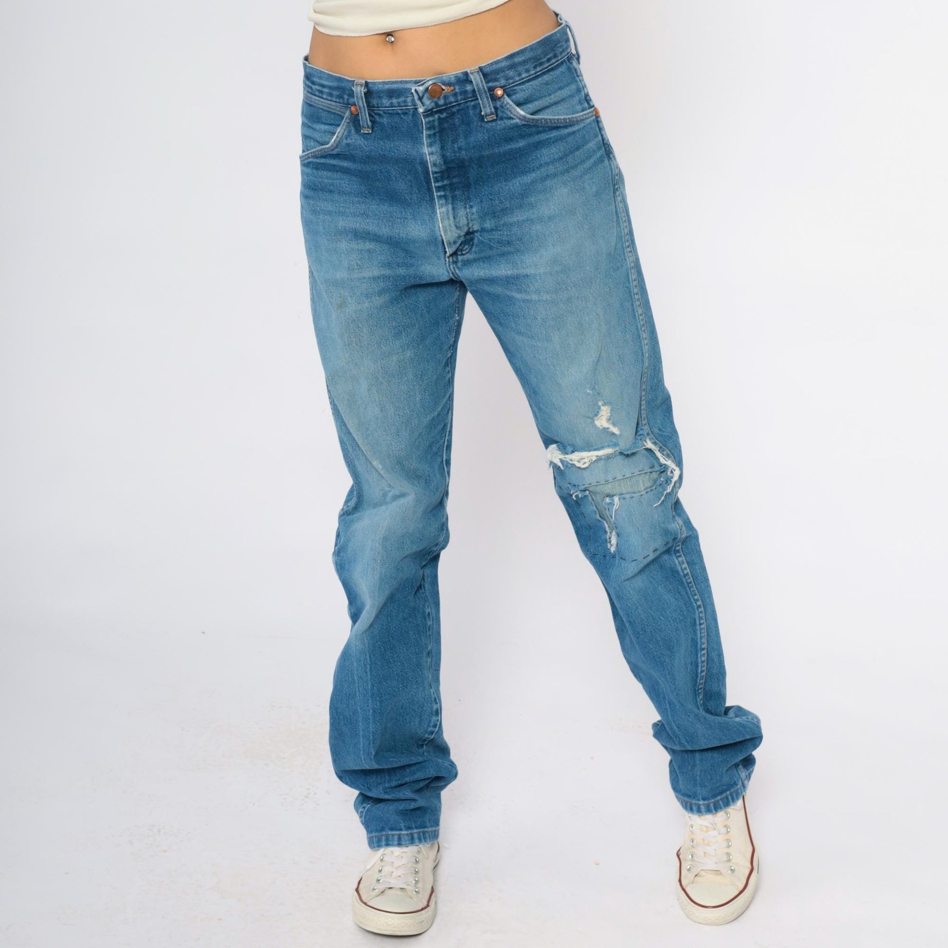 00s Wrangler Distressed Jeans Light Blue Denim Straight Leg Mens 33 Waist