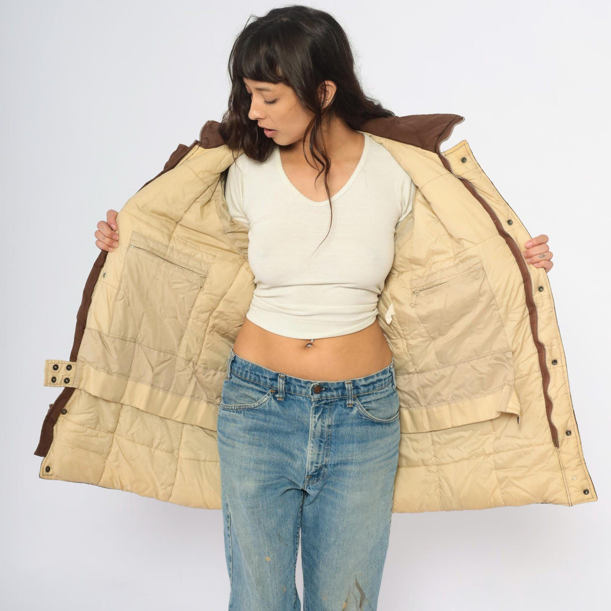 80s REI Brown Quilted Puffer Jacket Corduroy Collar Zip Large