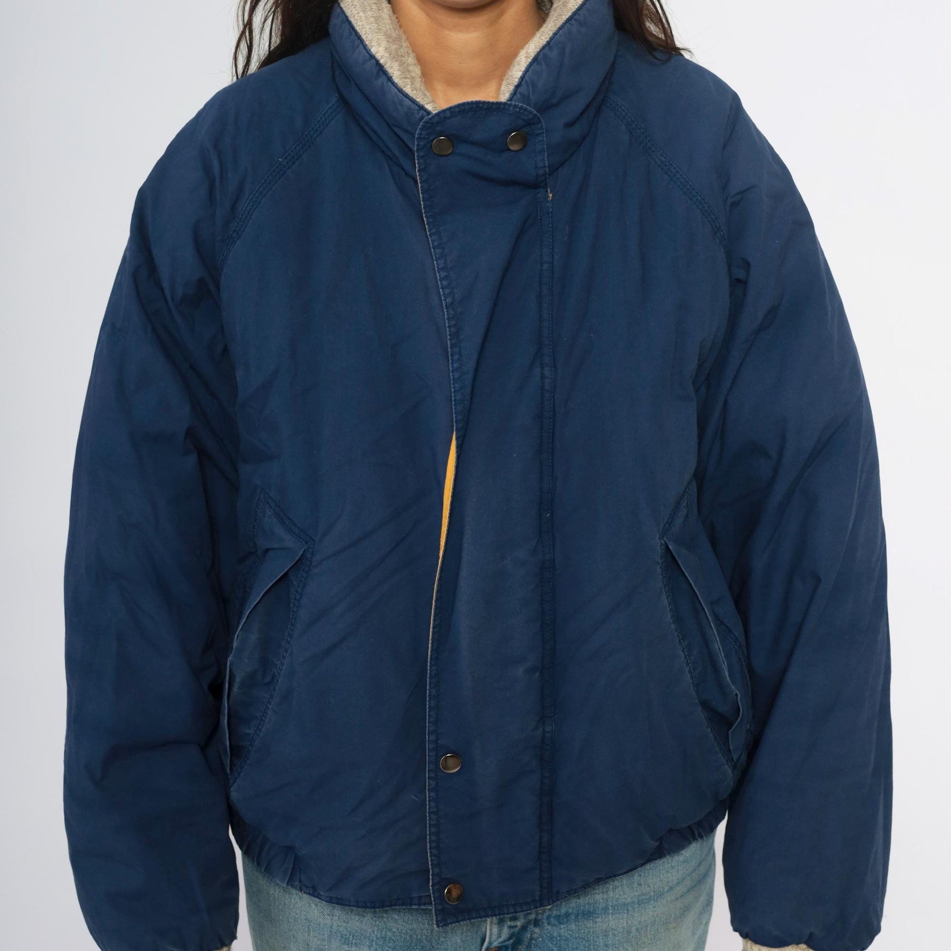 90s John Ashford Navy Bomber Jacket Down Fill Sherpa Collar Yellow Lining Large L