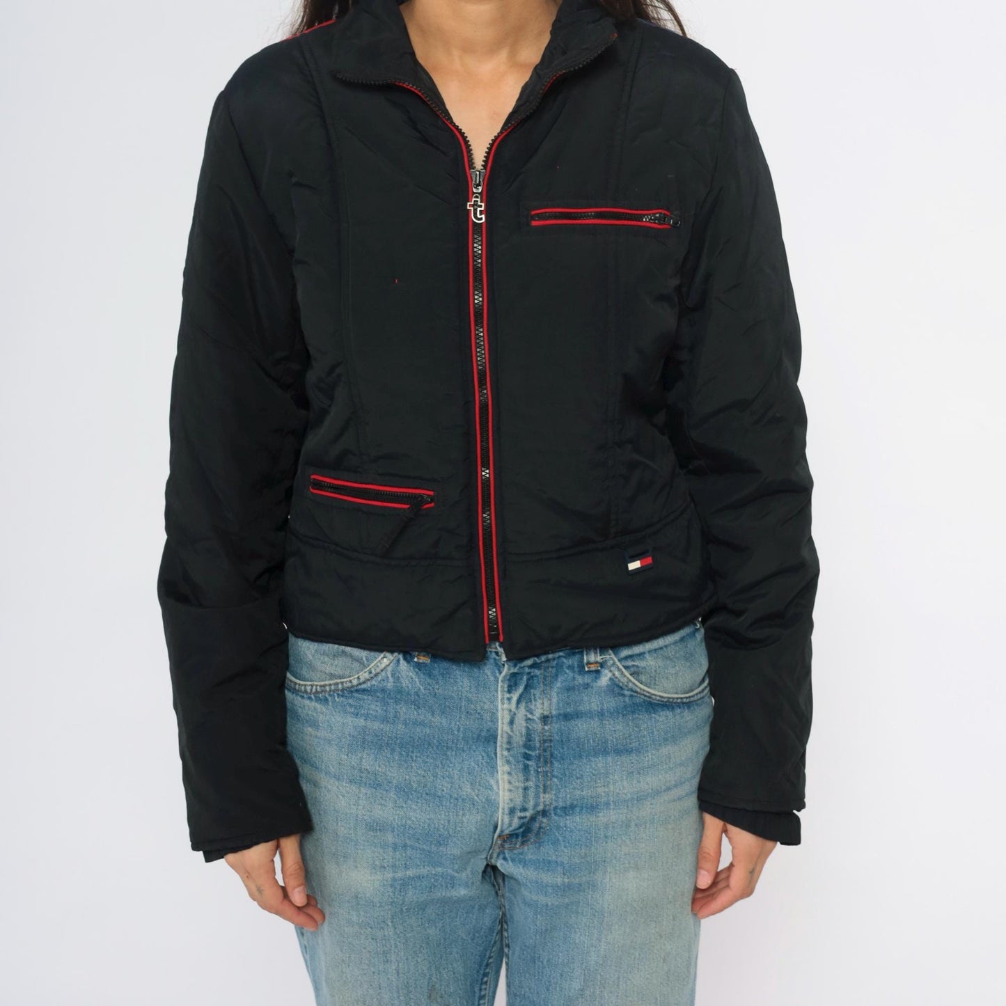 Y2K Tommy Jeans Rainbow Stripe Puffer Jacket Black Cropped Bomber Extra Small XS