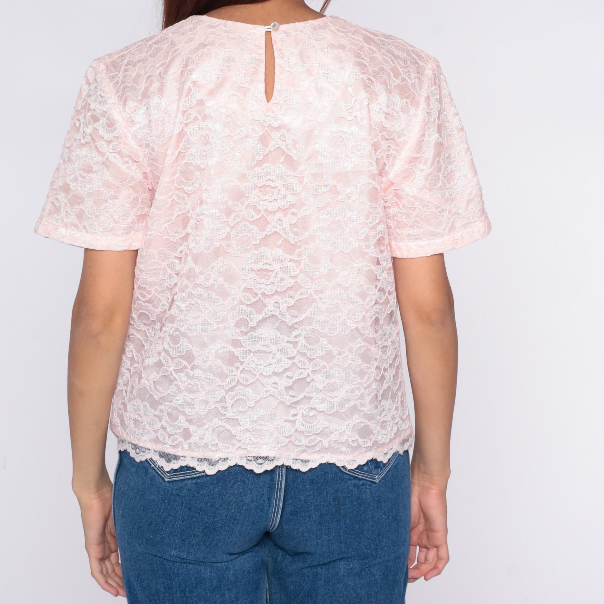80s Appleseed's Pink Lace Blouse White Floral Scalloped Keyhole Back Medium M