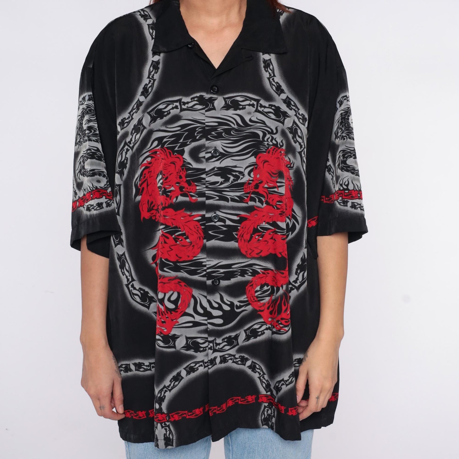 Y2K Saphire Lounge Dragon Chain Button Shirt Black Red Extra Large XL