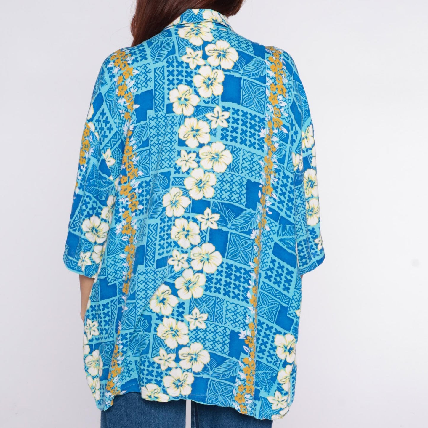 90s Hawaiian Shirt Blue Hibiscus Floral Geometric Print Unisex Extra Large XL