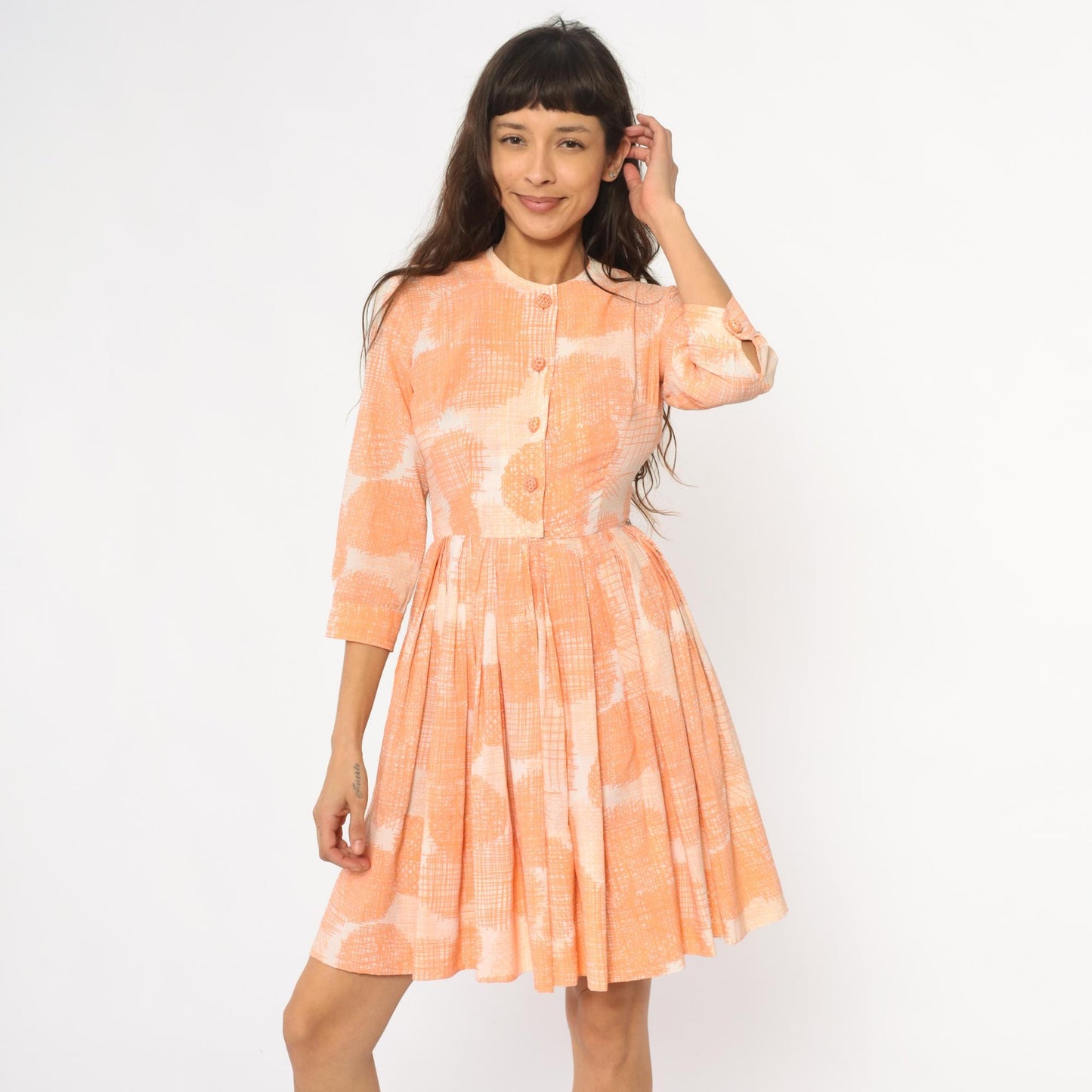 60s Peach Floral Button Front Dress Peter Pan Collar Pleated Skirt XS