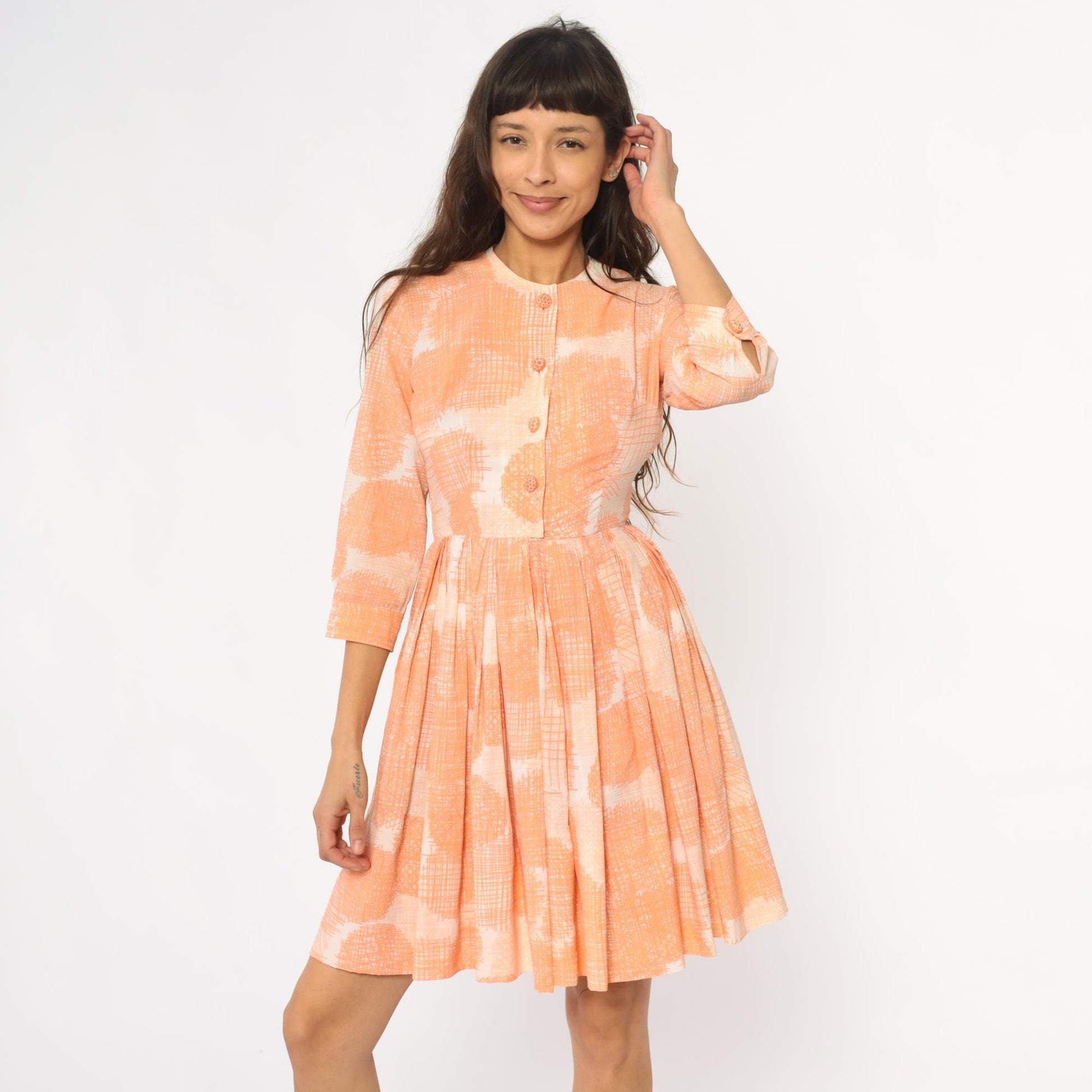 60s Peach Floral Button Front Dress Peter Pan Collar Pleated Skirt XS