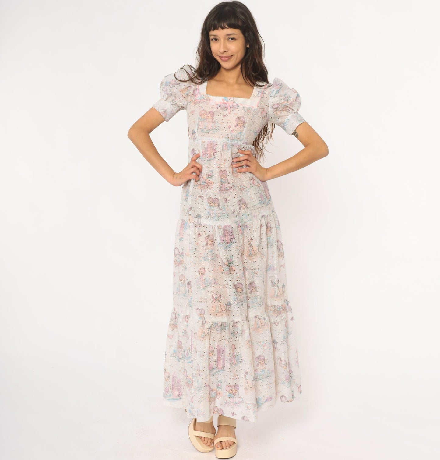 70s White Eyelet Maxi Dress Kawaii Children Print Puff Sleeve Small