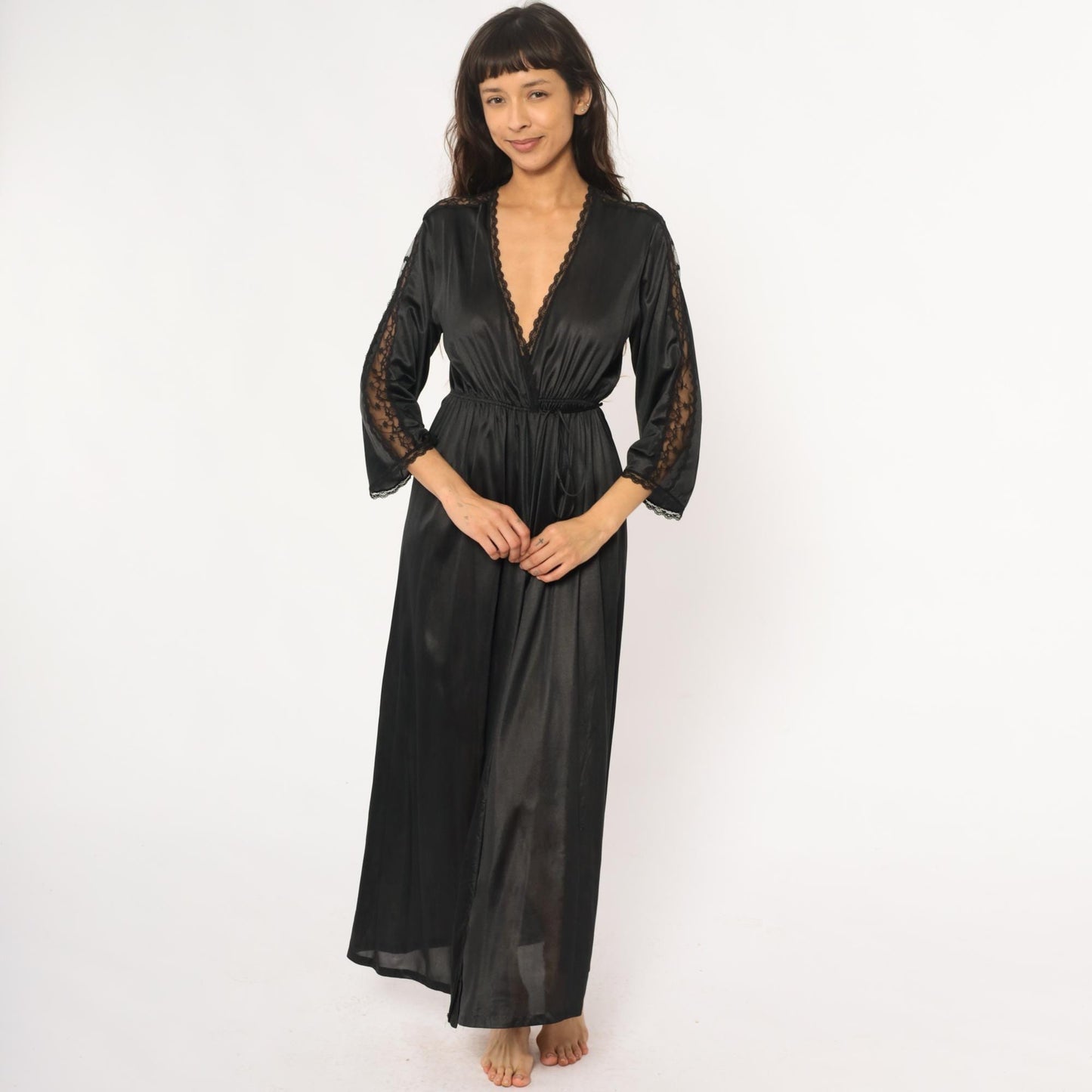 70s Black Nylon Lace Robe Maxi Wrap Front Deep V Neck Tie Waist Small