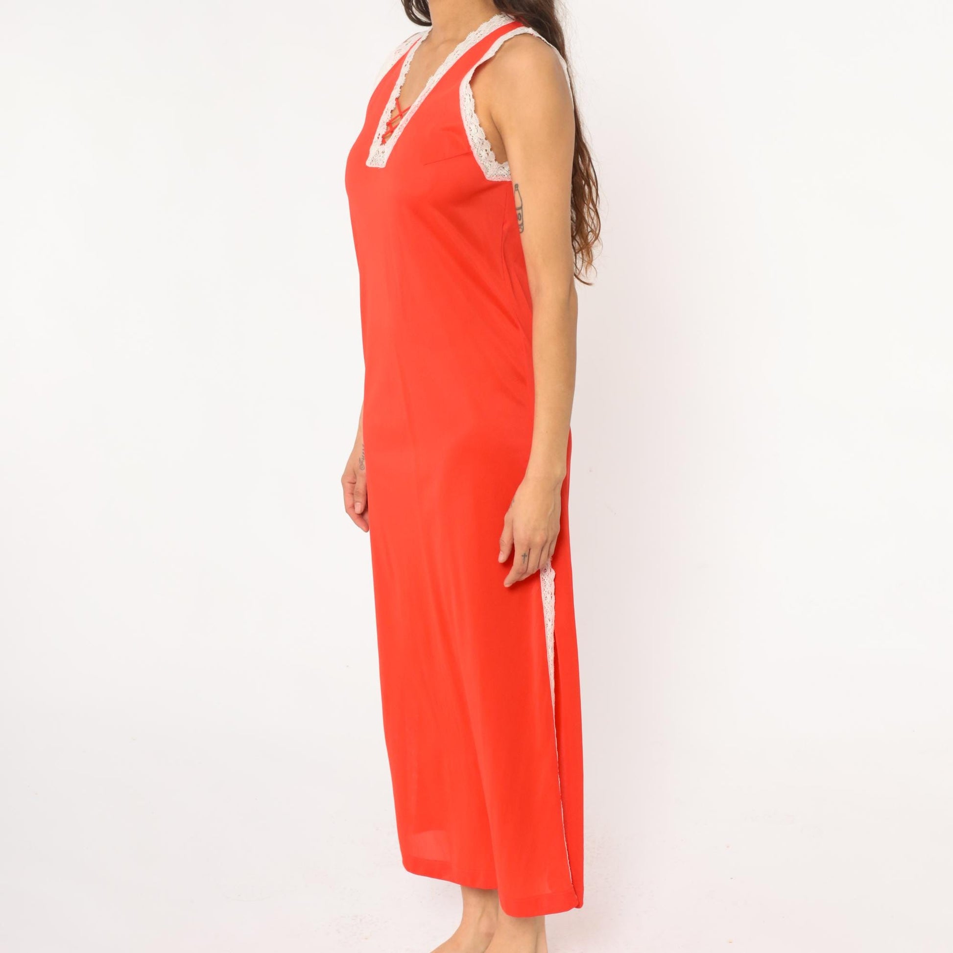 70s Coral Maxi Slip Dress Lace-Up Corset Front White Lace Trim Small