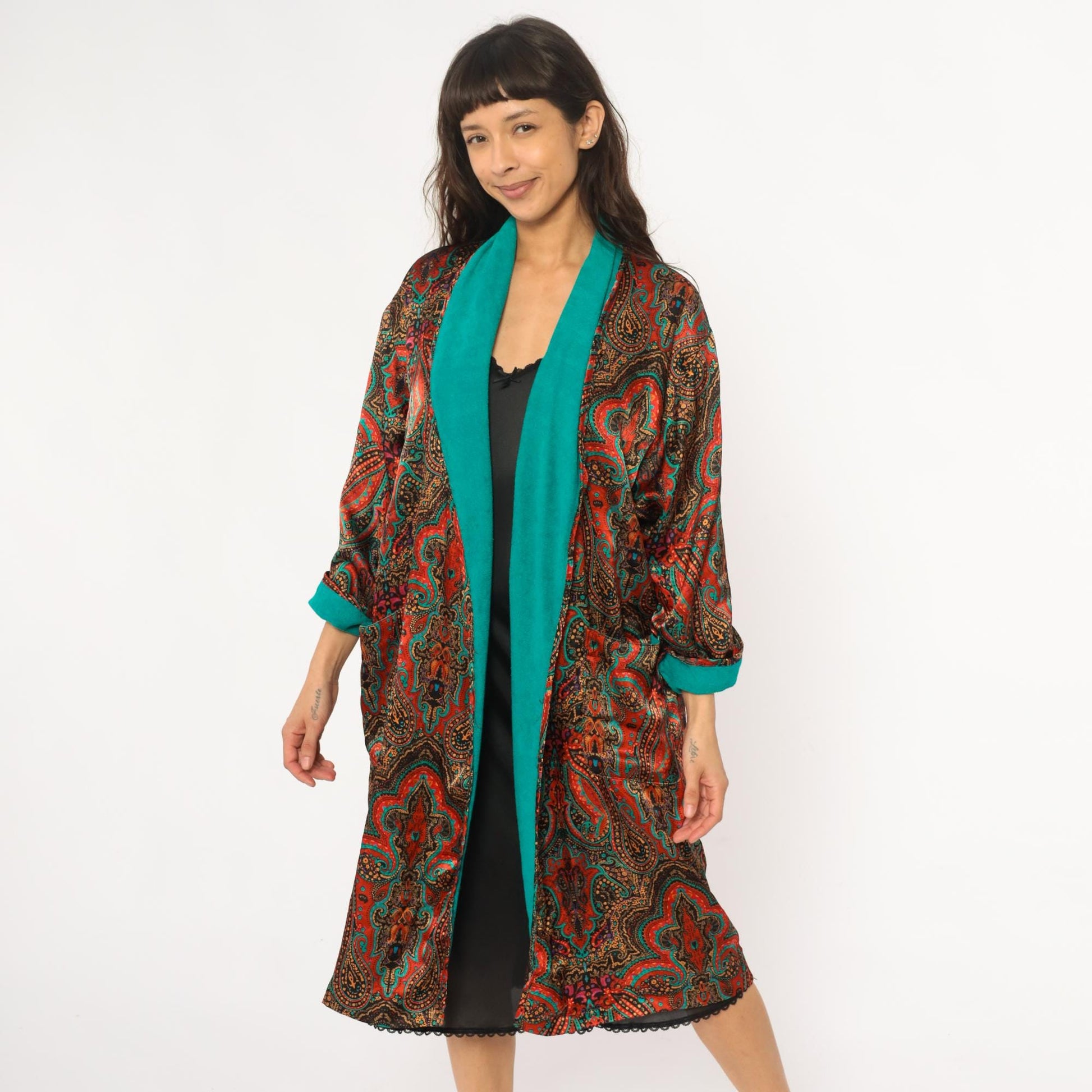 80s Paisley Terrycloth Robe Turquoise Orange Black Lace Trim Knee Length Large