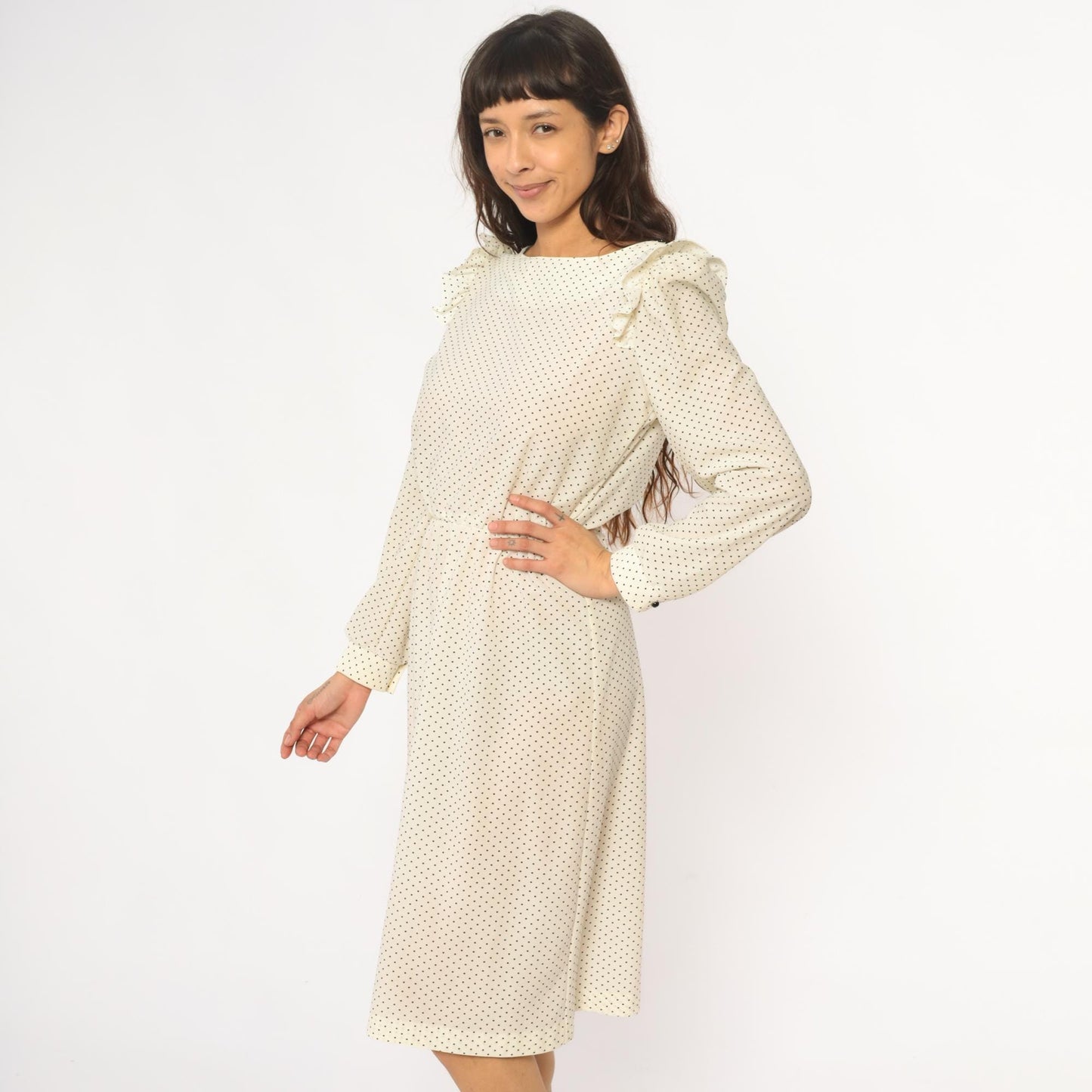 80s Ivory Polka Dot Midi Dress Ruffled Collar Long Sleeve Medium M
