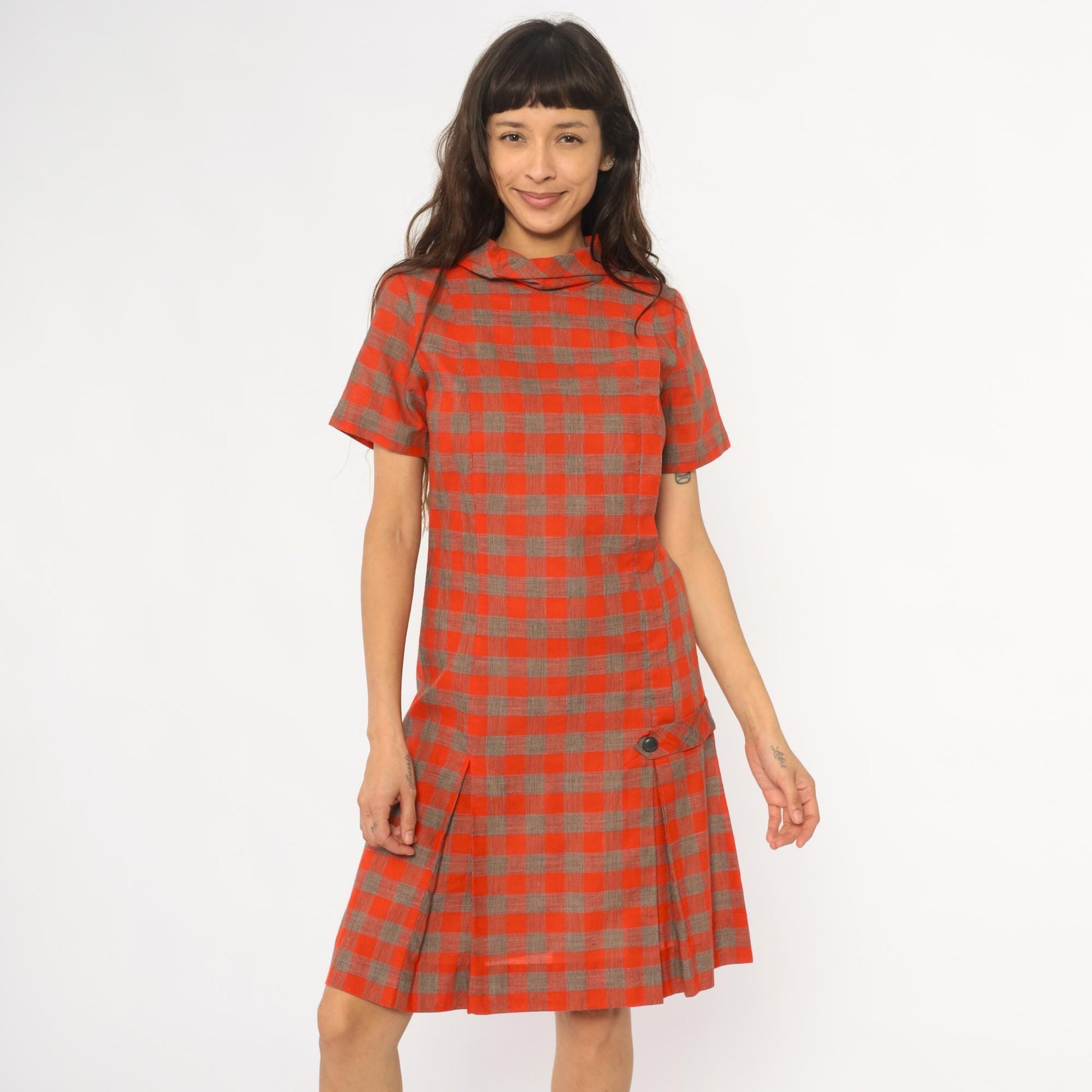 60s Orange Brown Plaid Shift Dress Drop Waist Pointed Collar Small