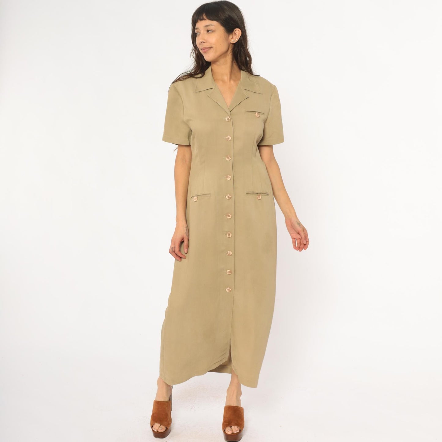 90s Jessica Howard Tan Maxi Shirt Dress Collared Button Front Medium