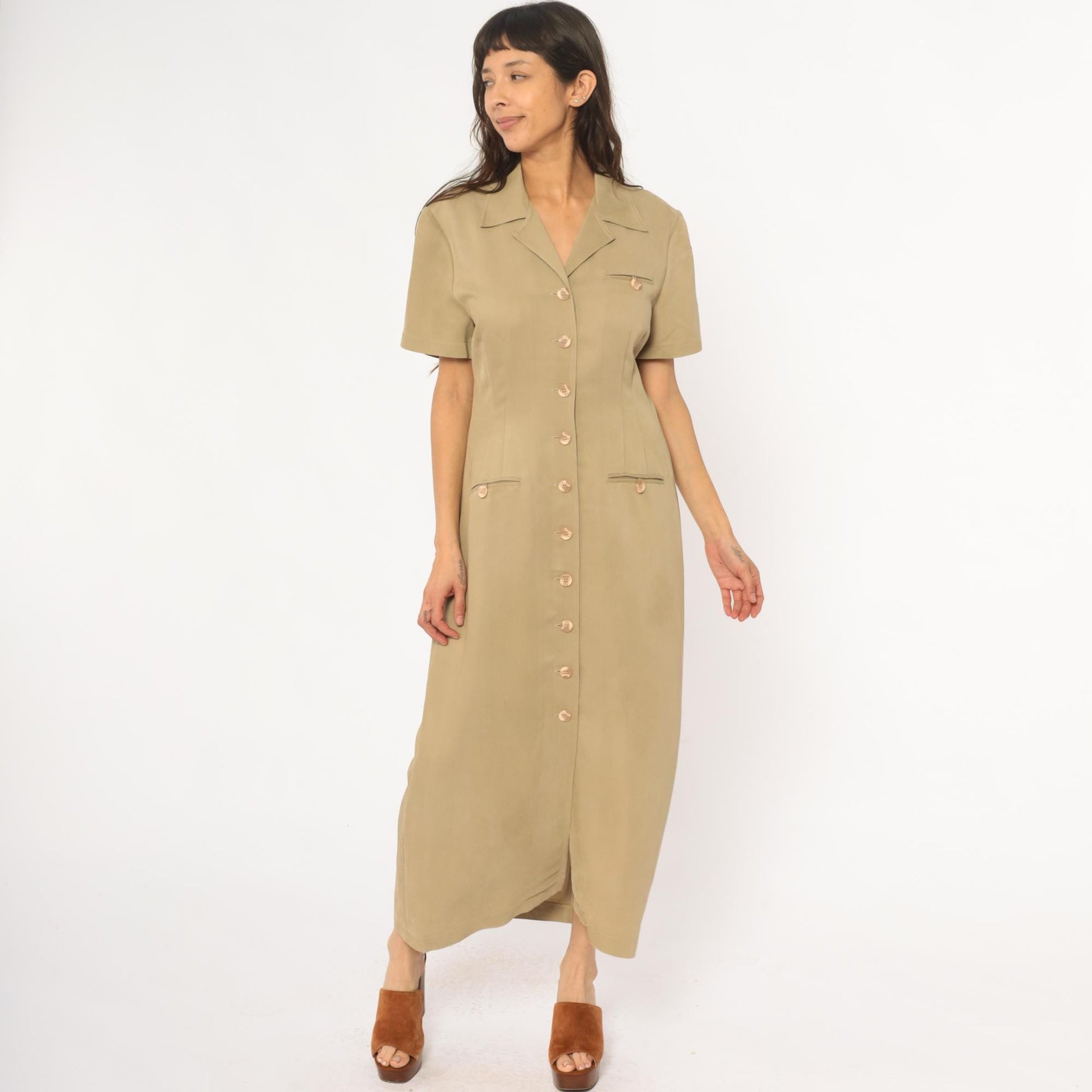90s Jessica Howard Tan Maxi Shirt Dress Collared Button Front Medium