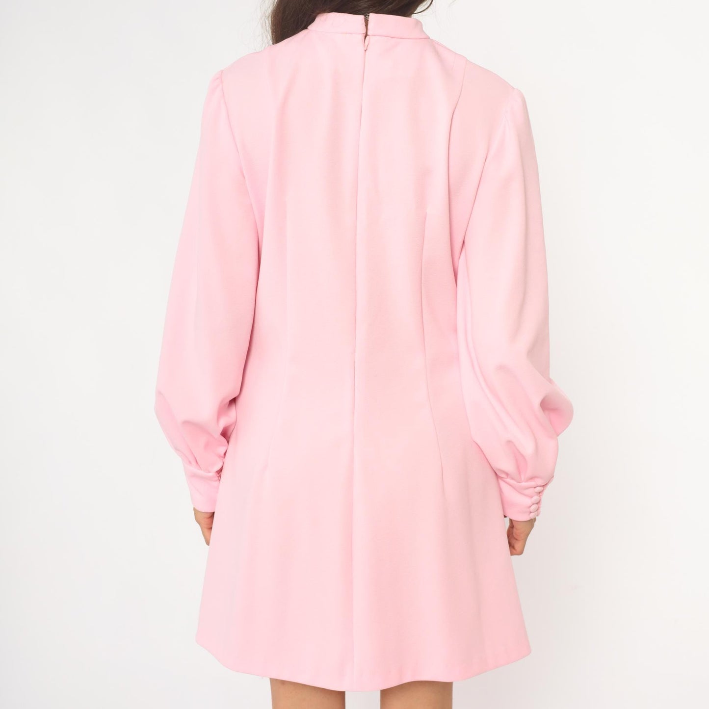 70s Pink Mini Dress Mock Neck Long Sleeve Shift A-Line Puff Sleeve Large L