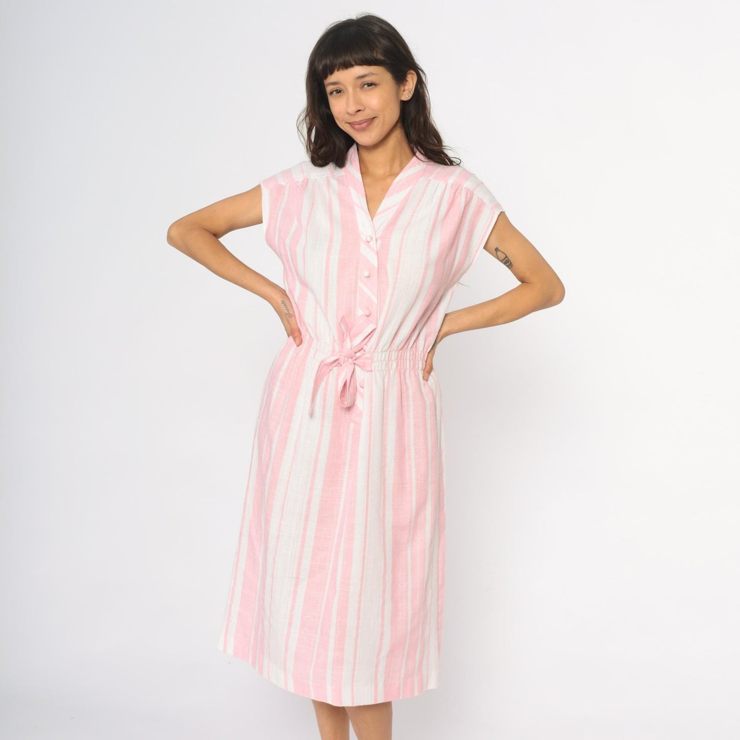 80s Murray Meisner Pink Striped Midi Dress Button Front V-Neck Small