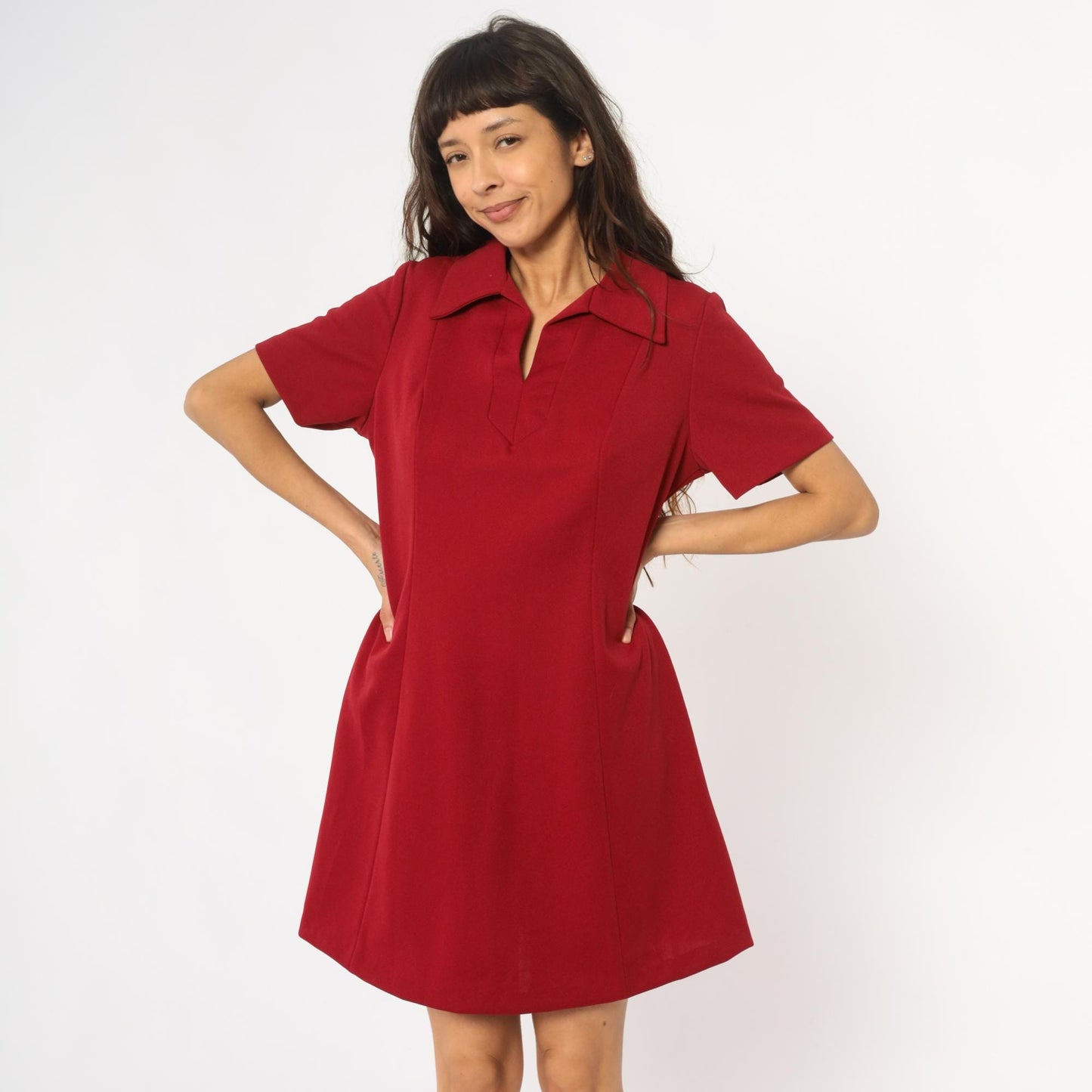 70s Lorac Burgundy Polo Shift Dress Knee-Length Short Sleeve Large L