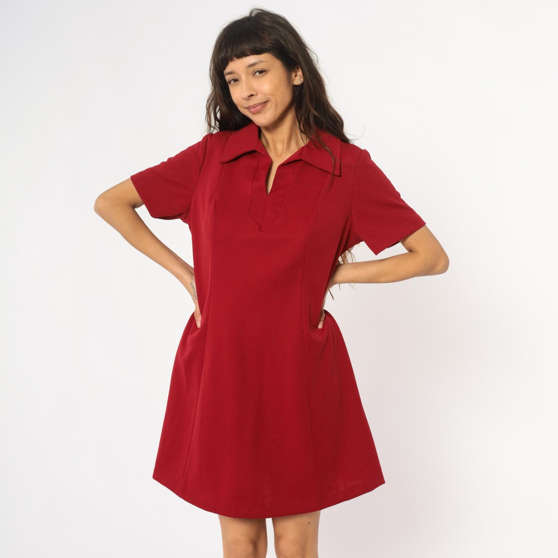 70s Lorac Burgundy Polo Shift Dress Knee-Length Short Sleeve Large L