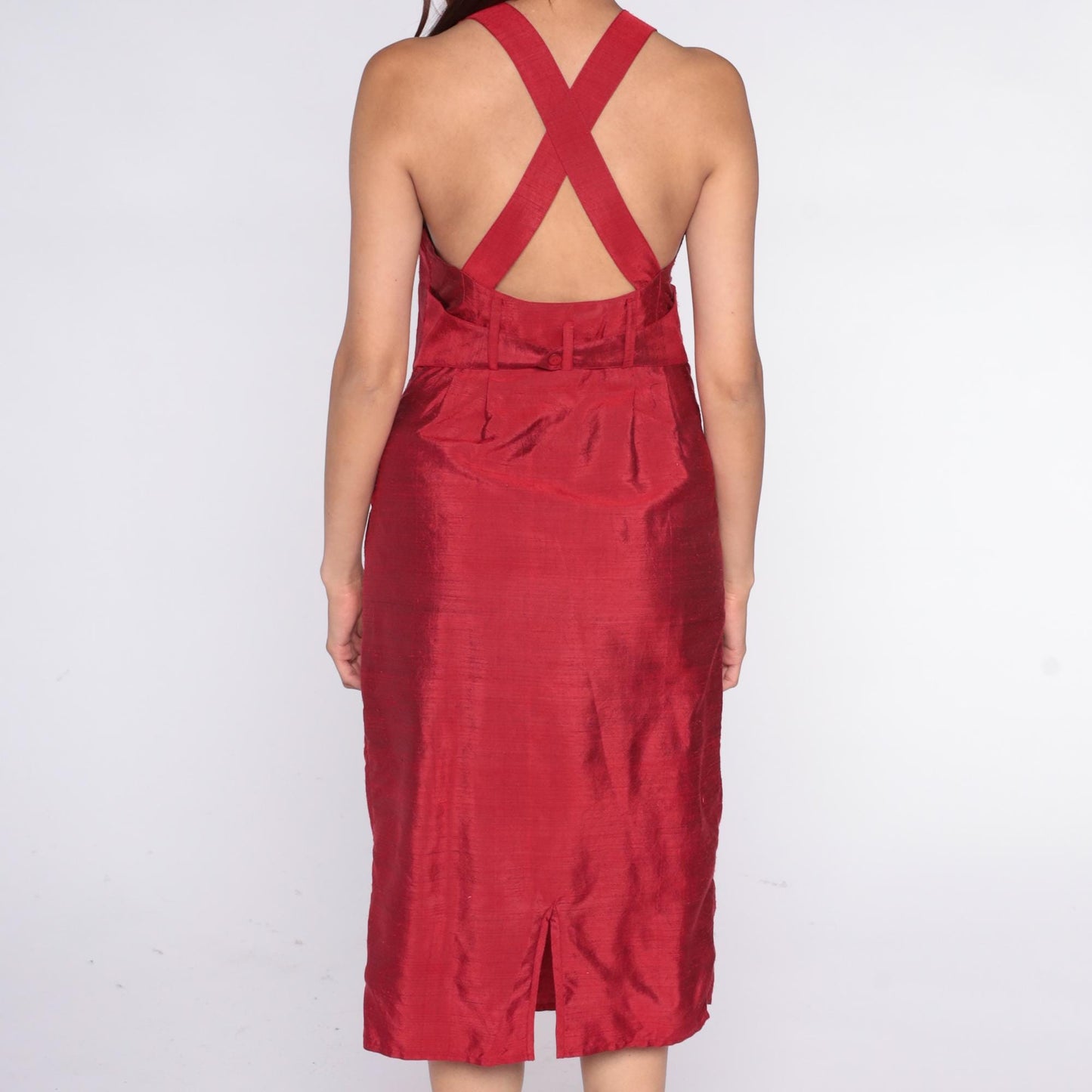 90s Crimson Halter Dress Cross-Back Knee Length Sleeveless Small