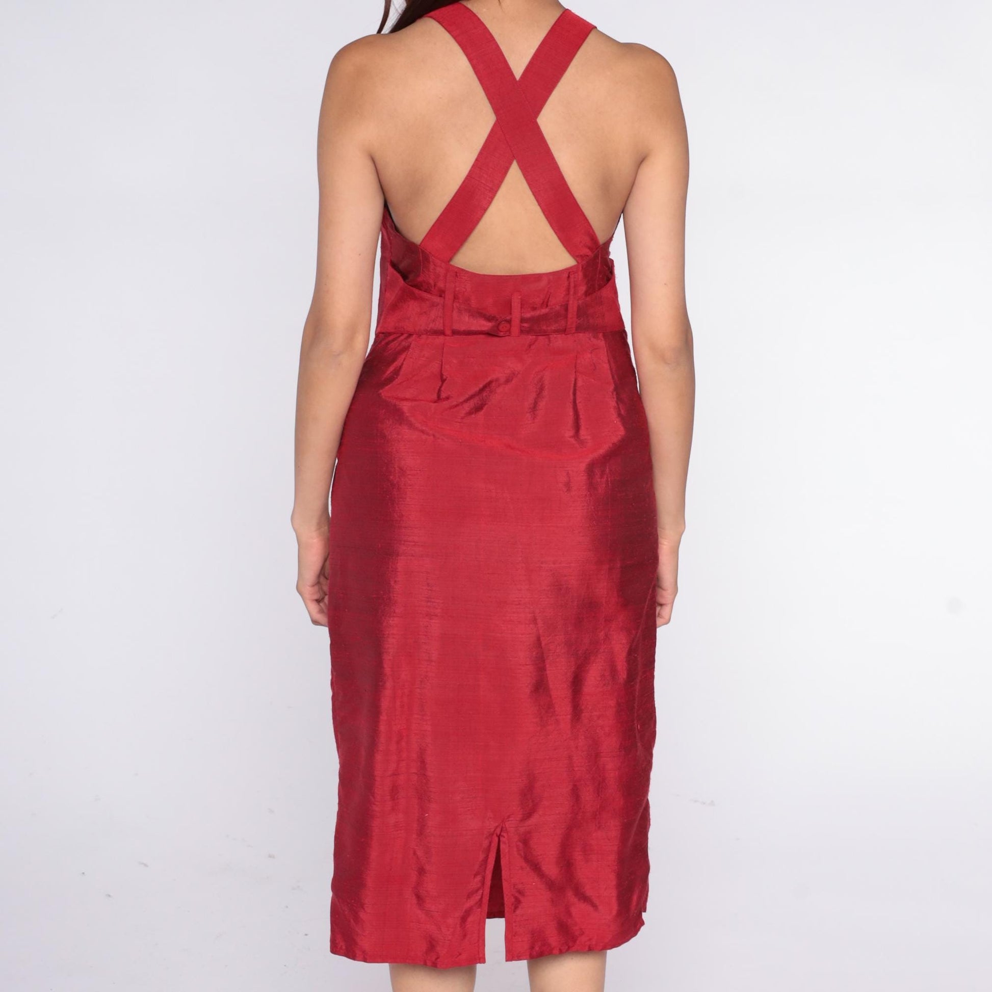 90s Crimson Halter Dress Cross-Back Knee Length Sleeveless Small