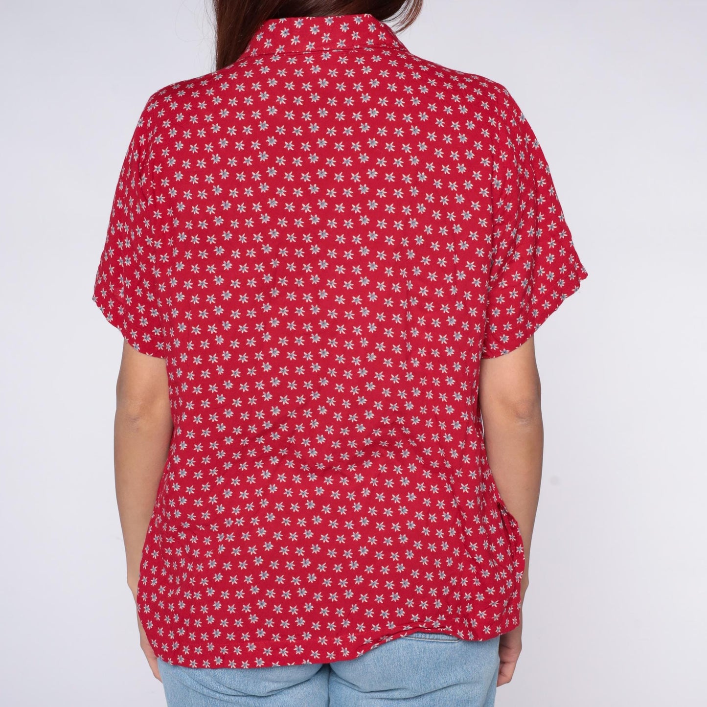 90s Clio Petites Red Floral Button-Down Shirt White Ditsy Print Large