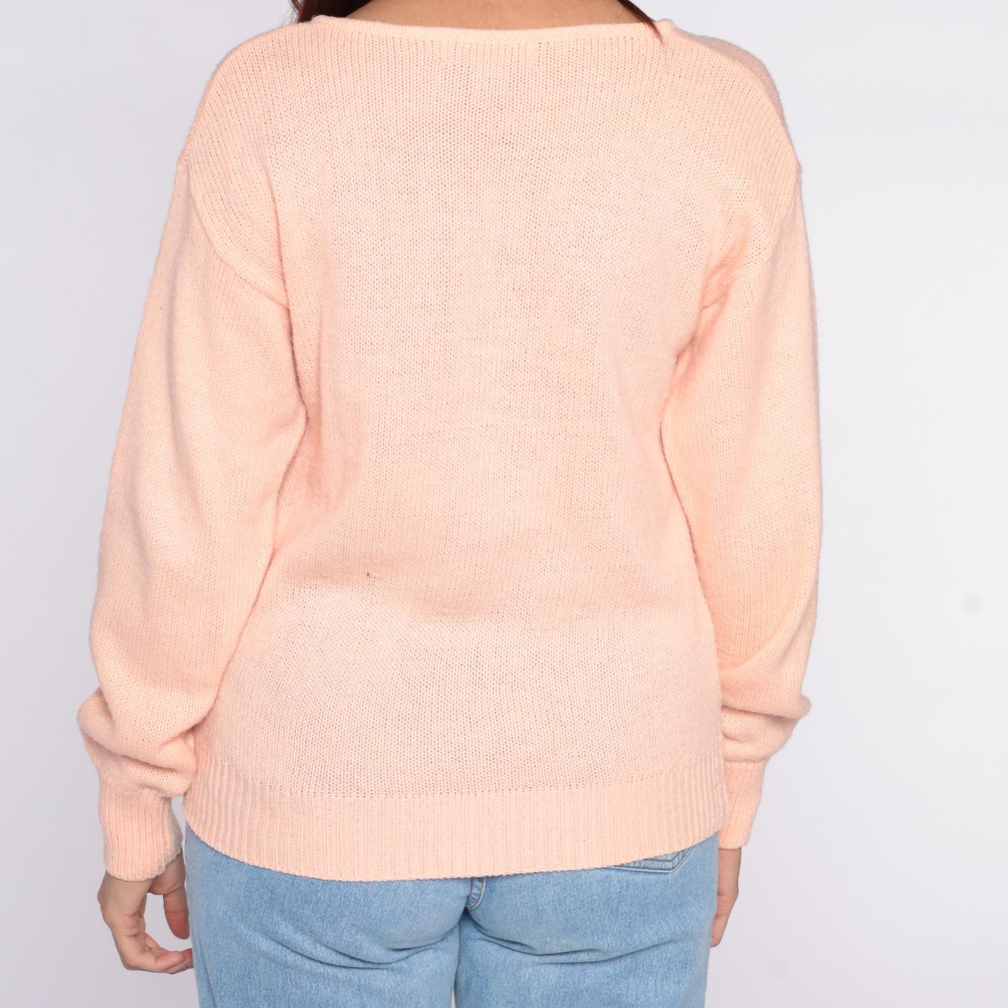 80s Peach Sequin Floral Sweater Sheridan Square Knit Pullover Small S
