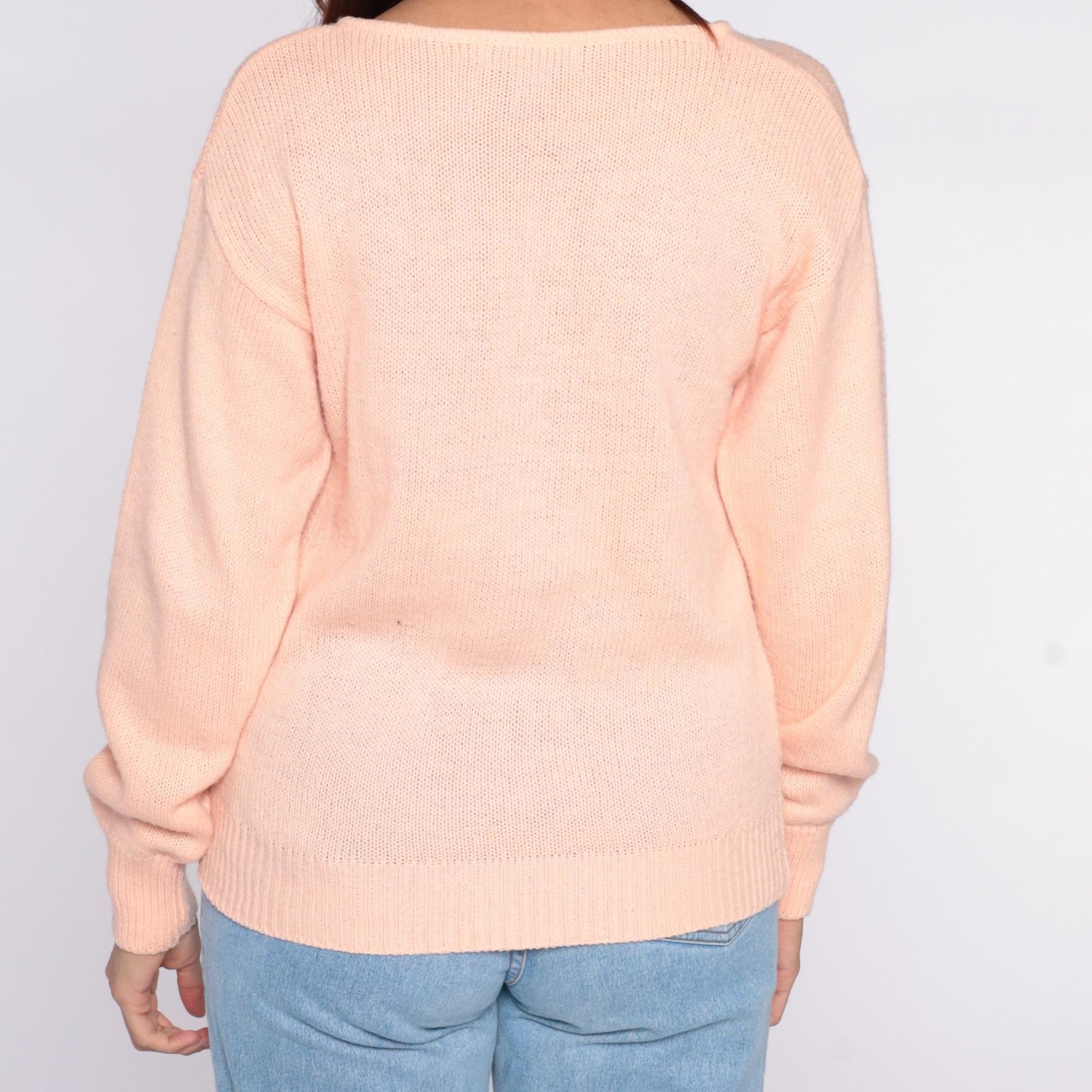 80s Peach Sequin Floral Sweater Sheridan Square Knit Pullover Small S