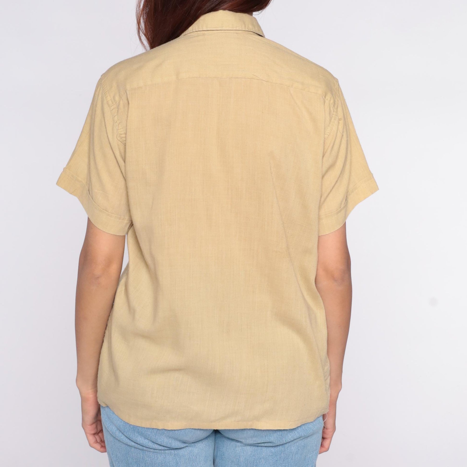 80s Beige Button-Up Shirt Pointed Collar Short Sleeve Cotton Blend Large