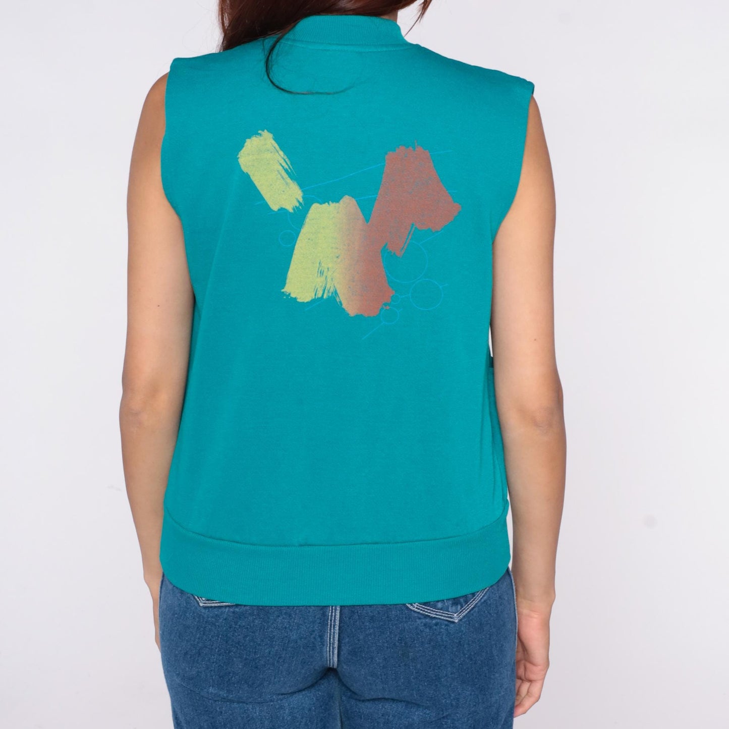 90s Teal Vest Abstract Painted Snap Front Sleeveless Stand Collar Medium