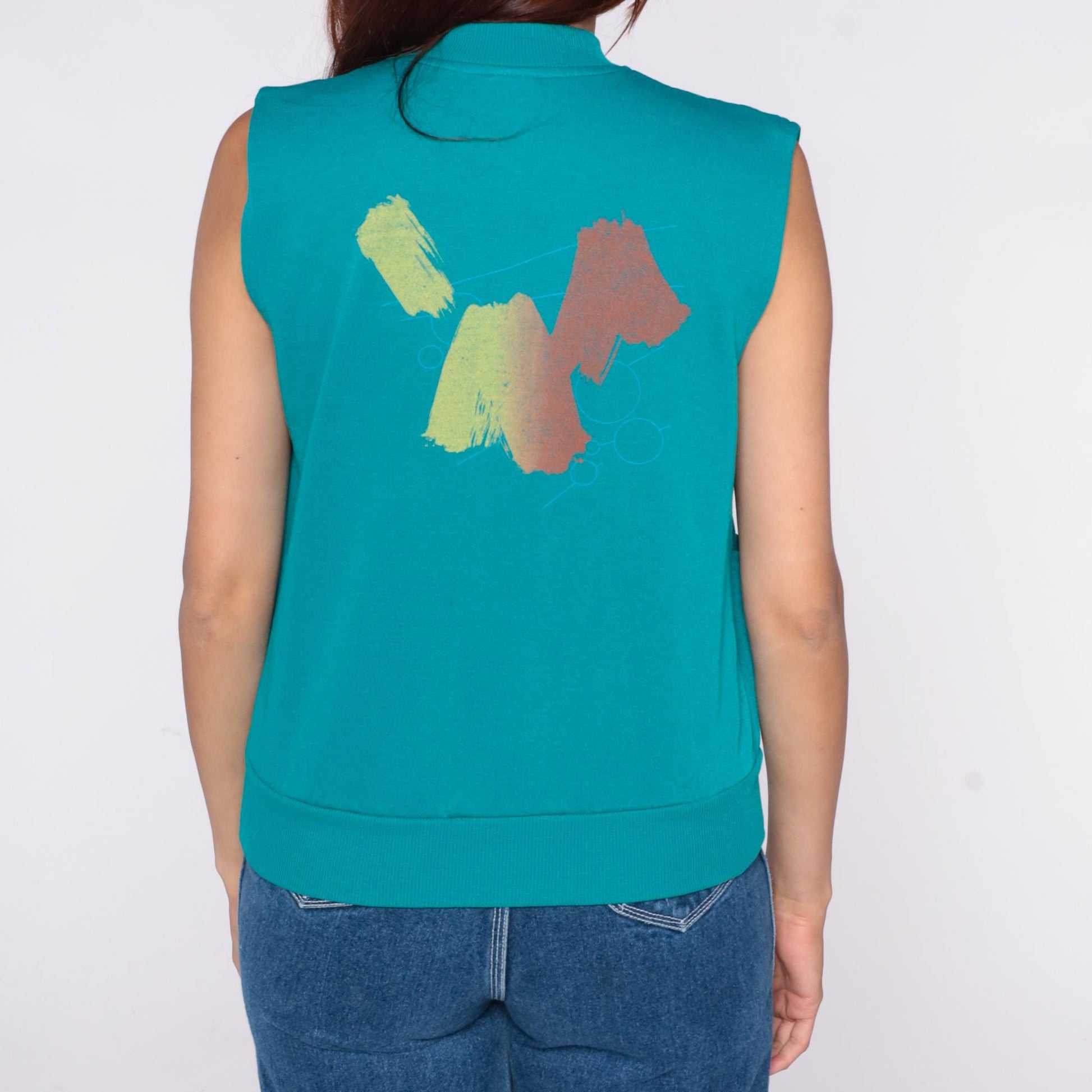 90s Teal Vest Abstract Painted Snap Front Sleeveless Stand Collar Medium