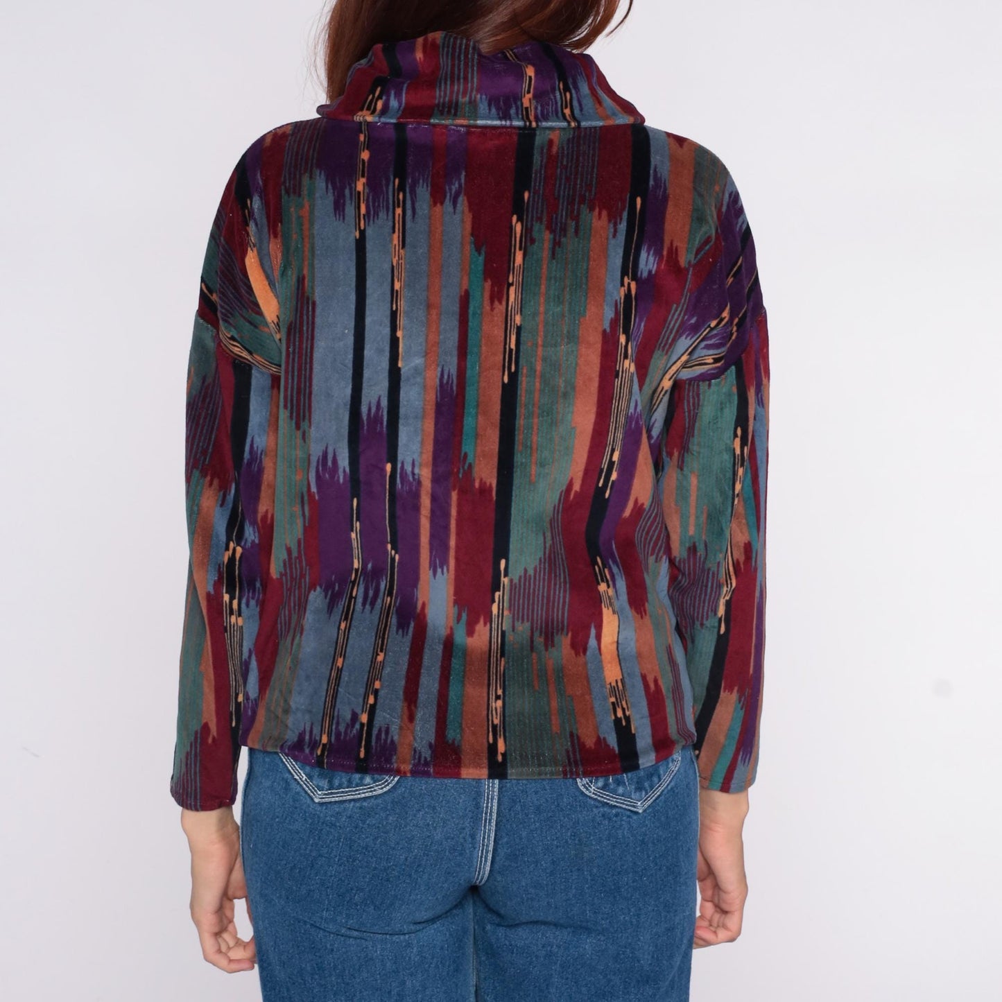 90s Southwestern Ikat Stripe Funnel Neck Blouse Purple Teal Small S