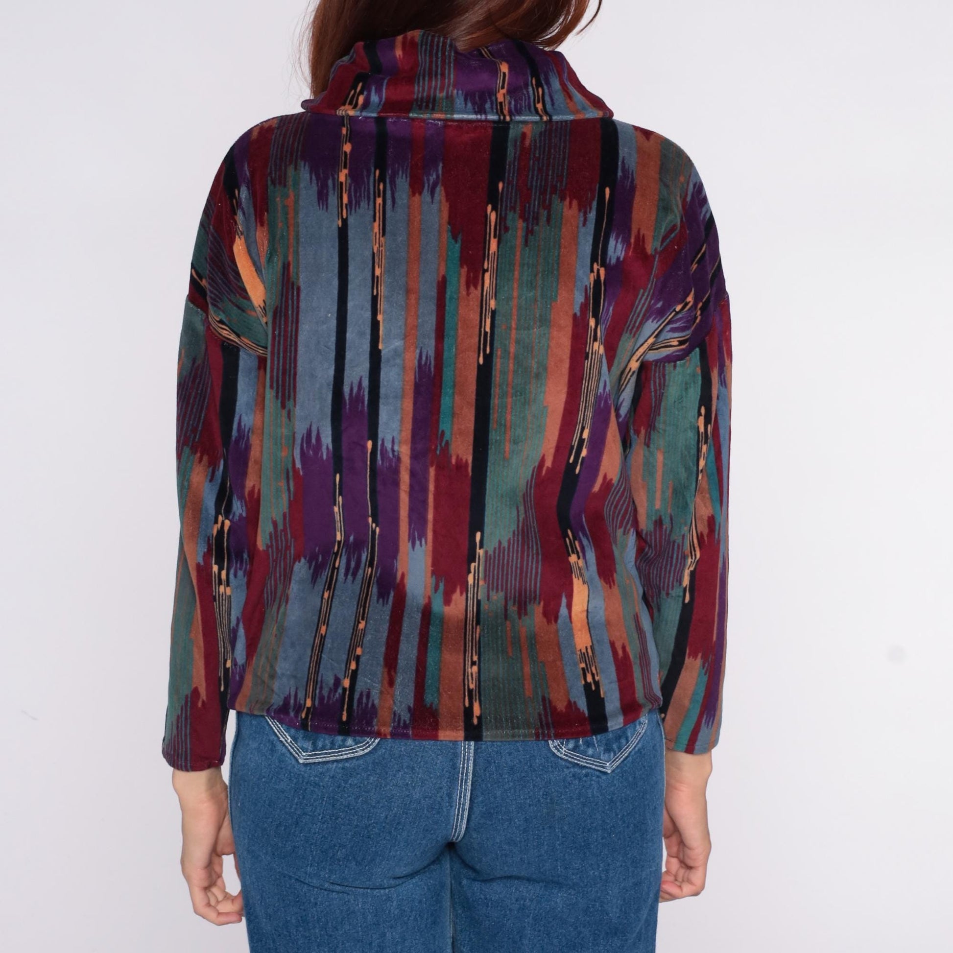 90s Southwestern Ikat Stripe Funnel Neck Blouse Purple Teal Small S