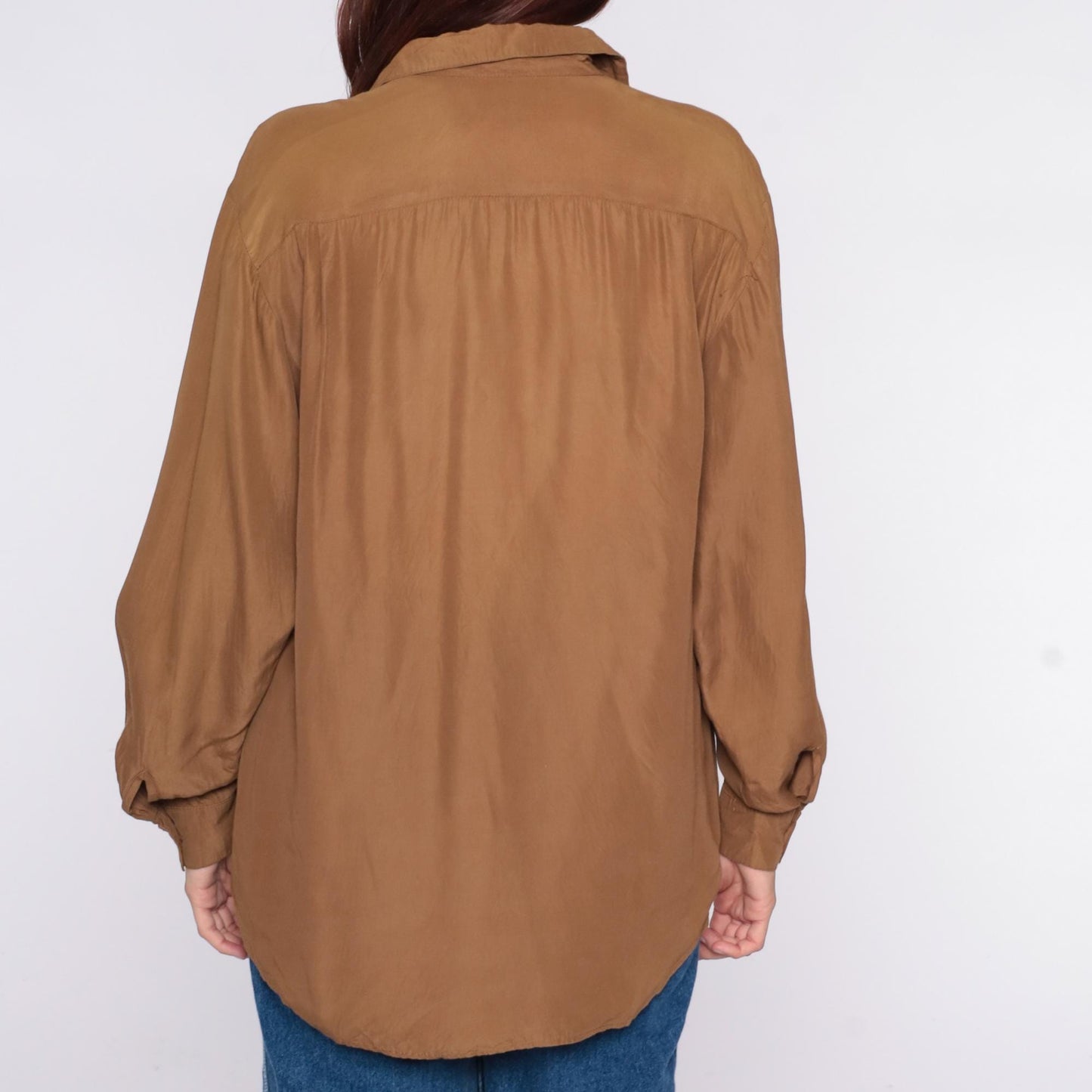 90s Brown Sailboat Embroidered Shirt Collared Long Sleeve Blouse Large L