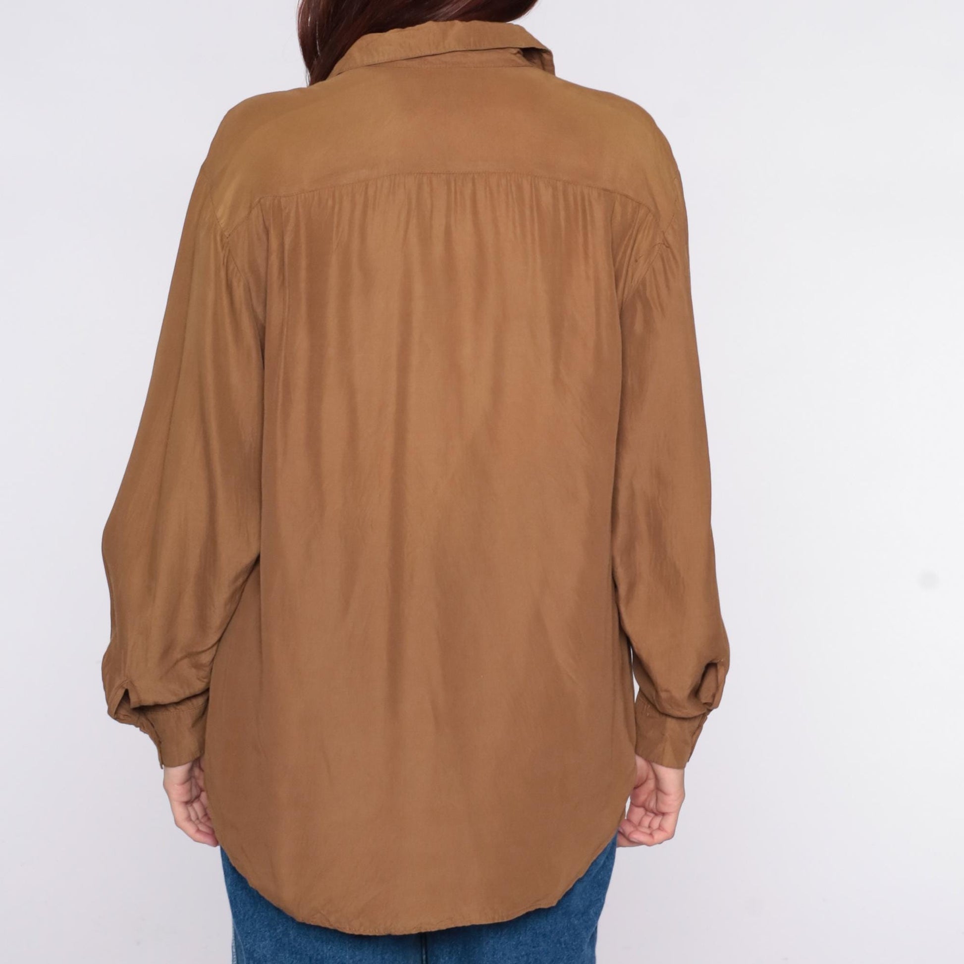 90s Brown Sailboat Embroidered Shirt Collared Long Sleeve Blouse Large L