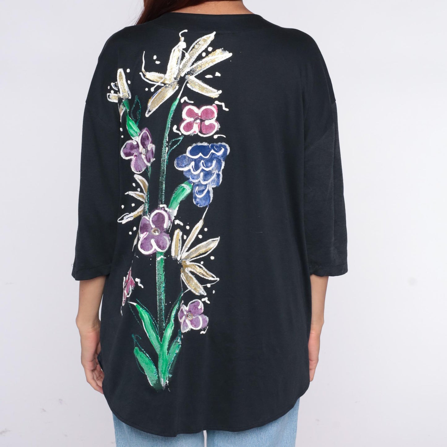 90s Baldot Hand-Painted Floral Black Cotton Tunic Medium M