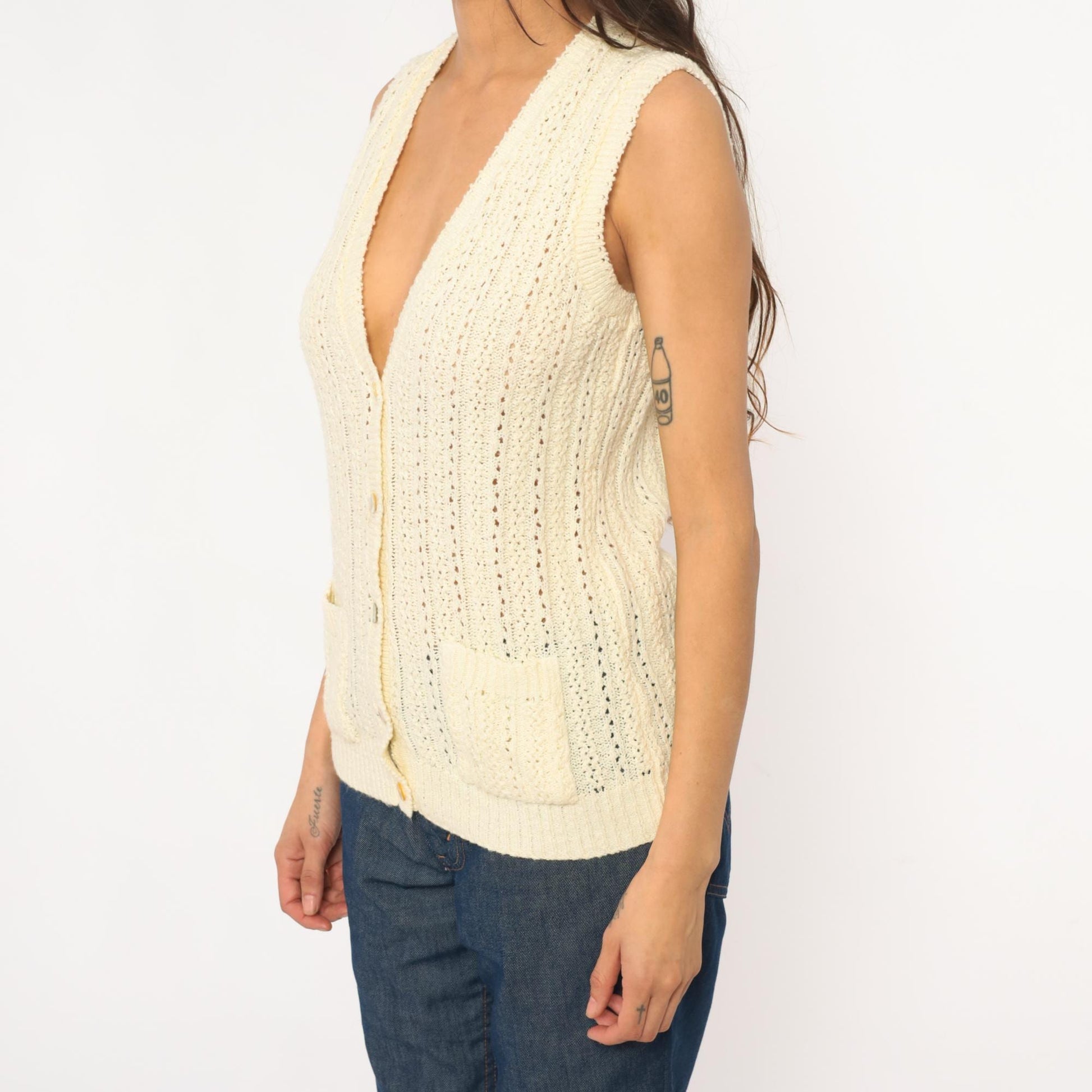 70s Cream Crochet Vest Pointelle Knit Sleeveless Cardigan Small S