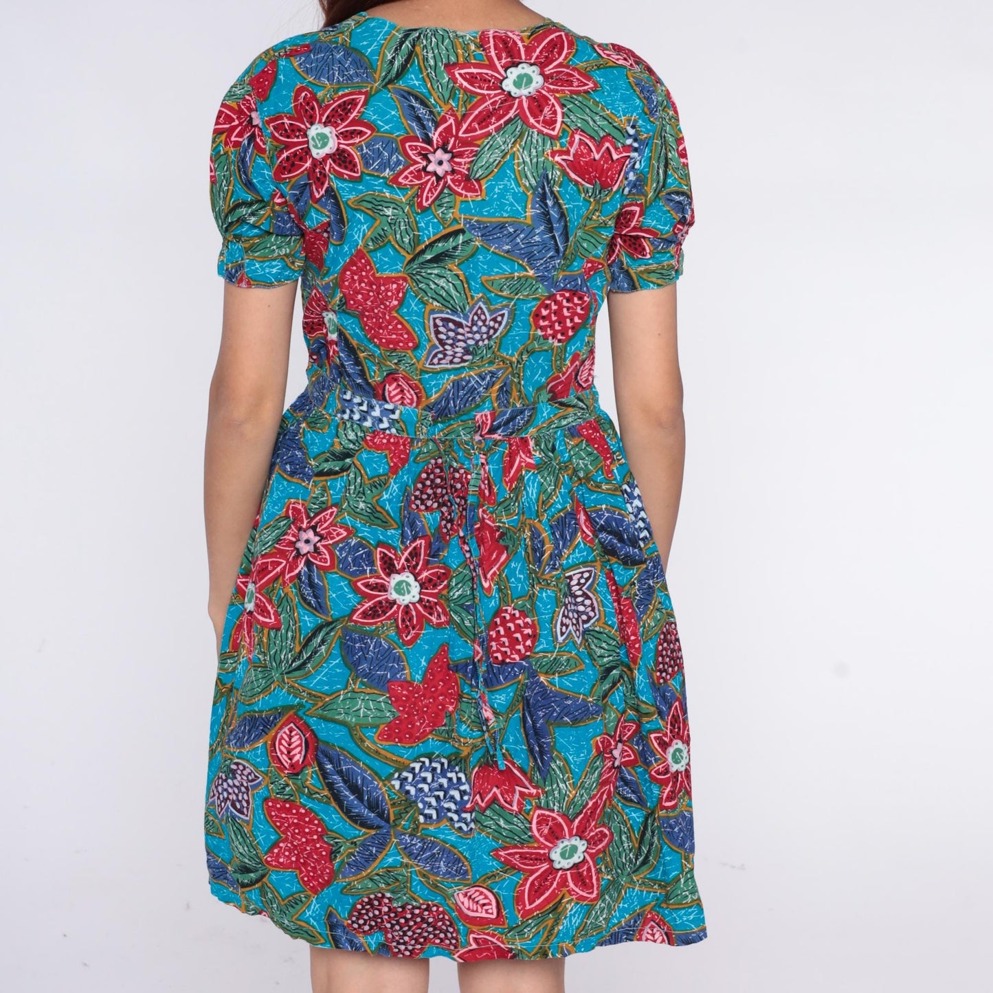 90s Regarde! Tropical Floral Cotton Dress Puff Sleeve Turquoise Small