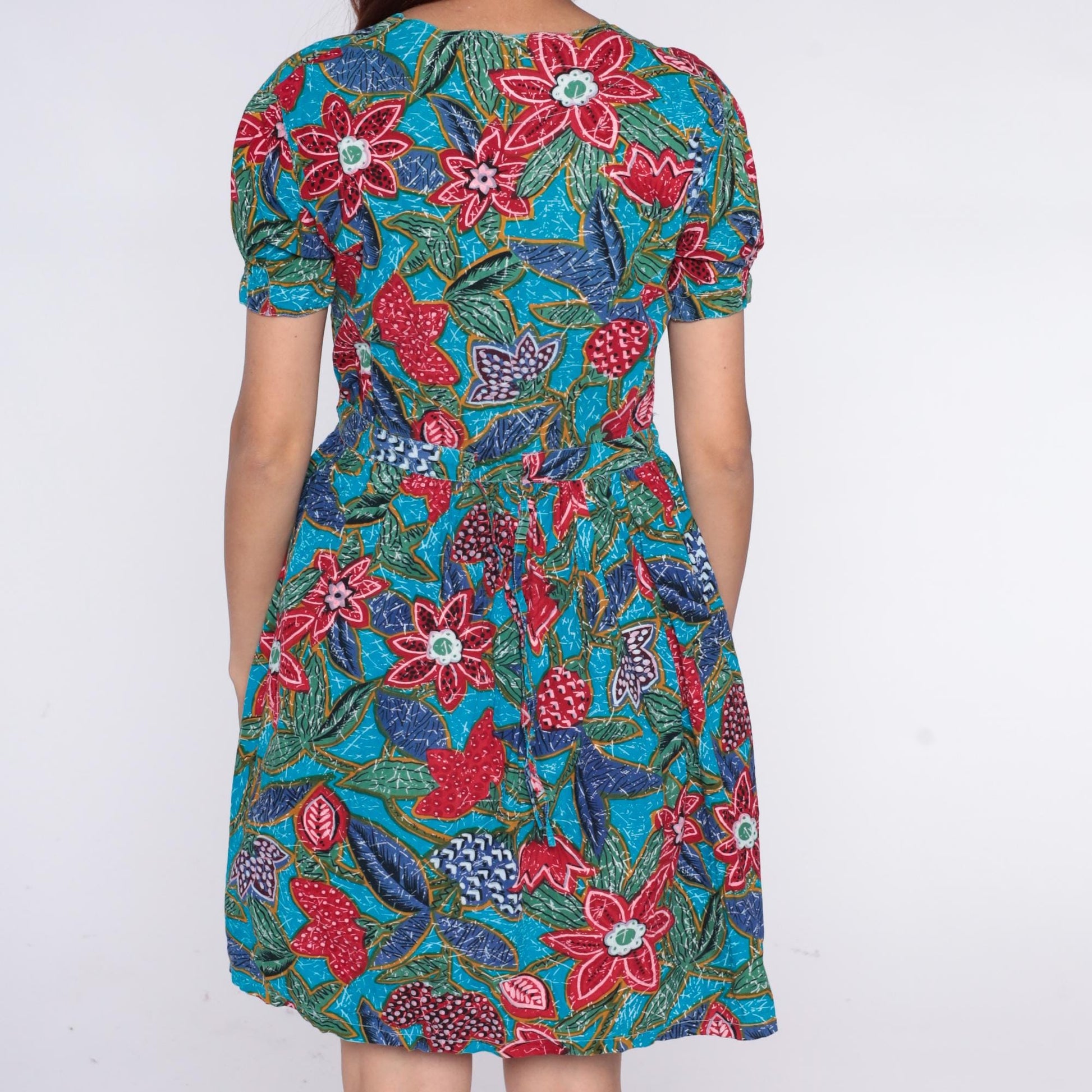 90s Regarde! Tropical Floral Cotton Dress Puff Sleeve Turquoise Small