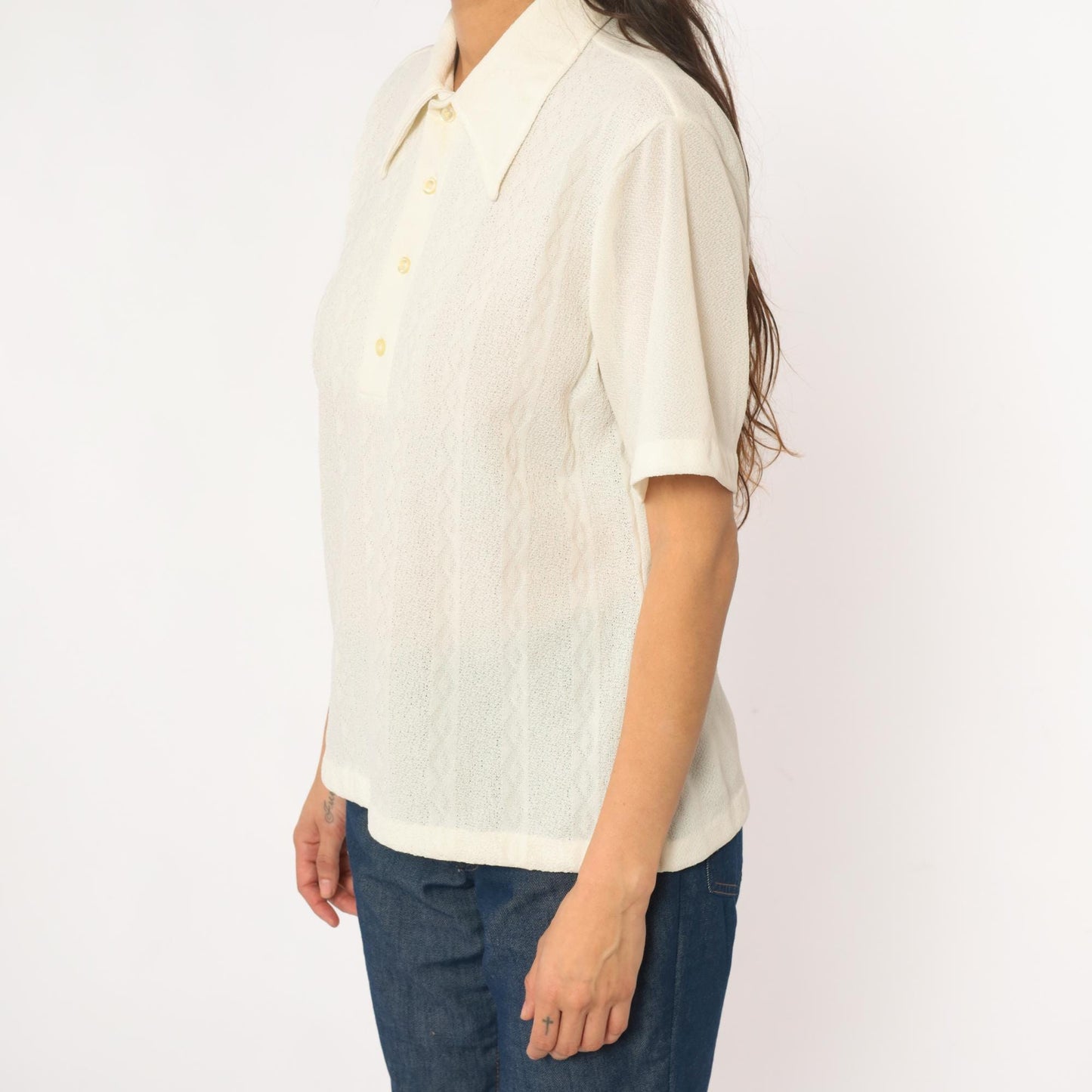 70s JC Penney Towncraft Cream Polo Blouse Pointed Collar Ribbed Large