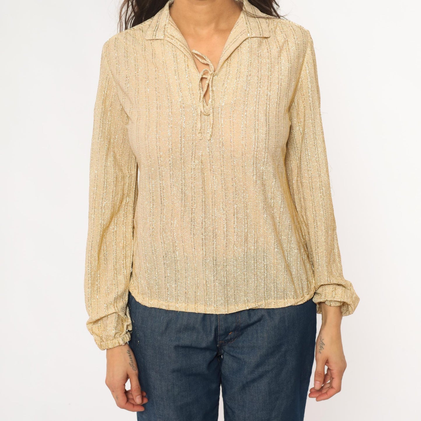 70s Judy Bond Gold Metallic Blouse Champagne Disco Collar Small