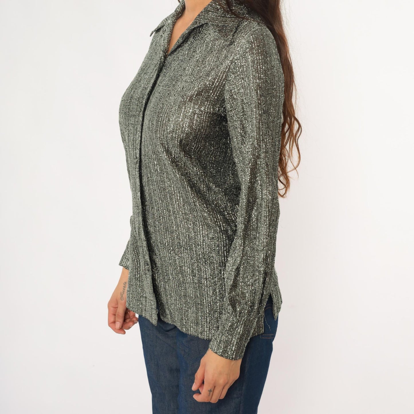 80s Ruth Walter Metallic Silver Blouse Pointed Collar Long Sleeve Small