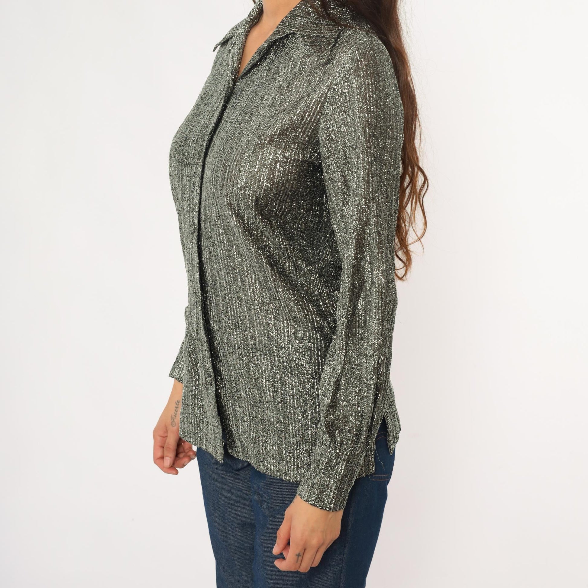 80s Ruth Walter Metallic Silver Blouse Pointed Collar Long Sleeve Small