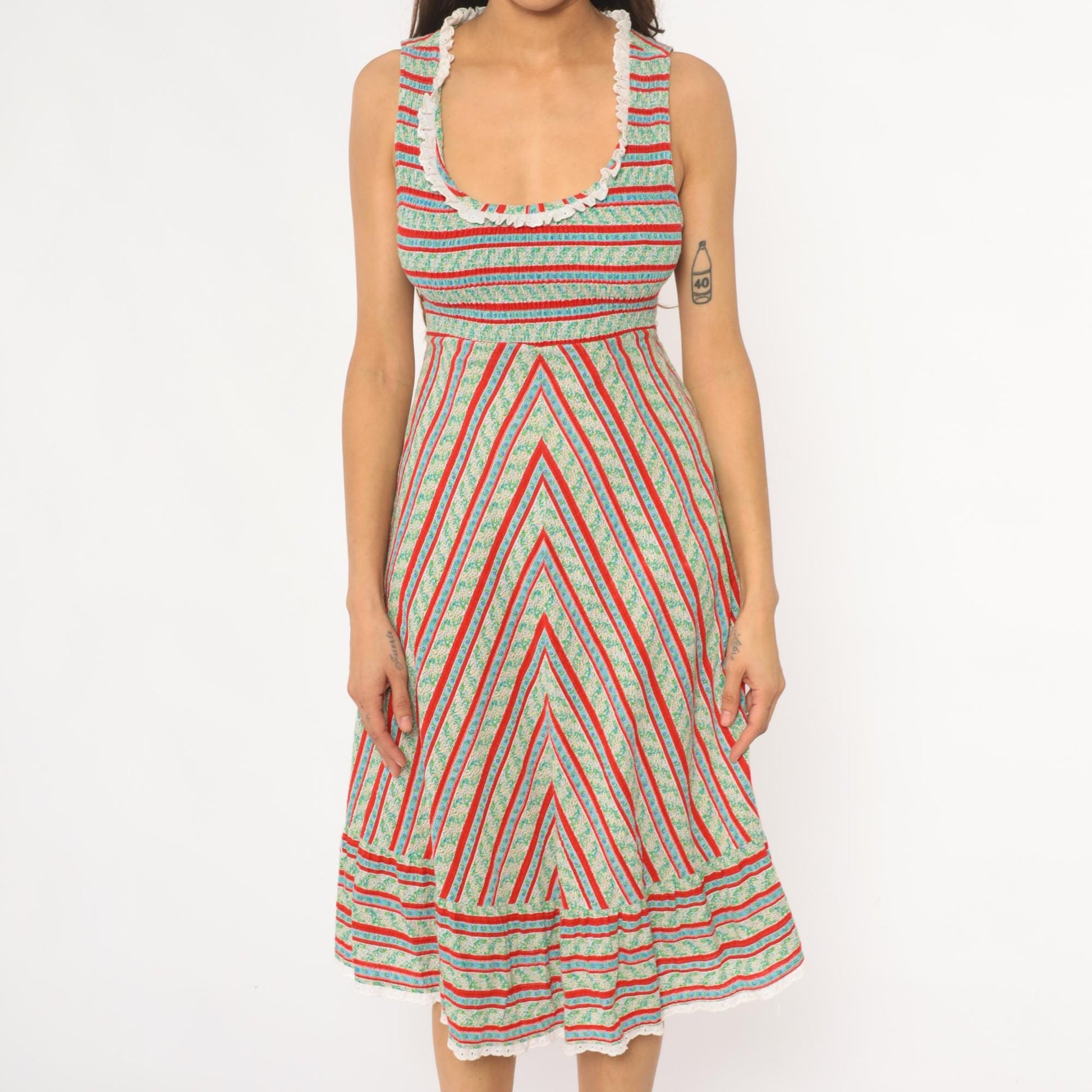 70s JC Penney Striped Chevron Prairie Dress Empire Waist Mint Small