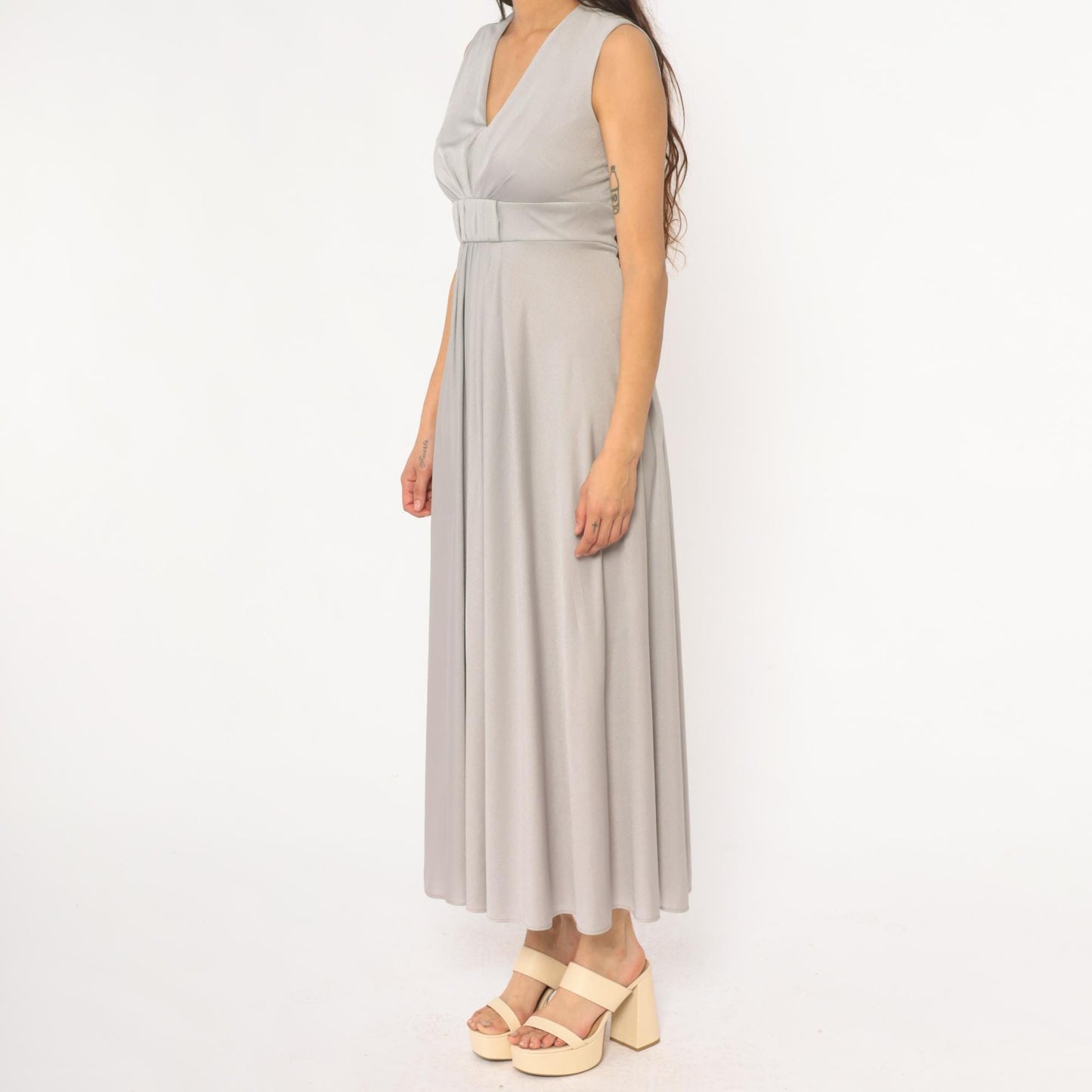 70s Silver Maxi Dress V-Neck Empire Waist Sleeveless Evening Gown Small