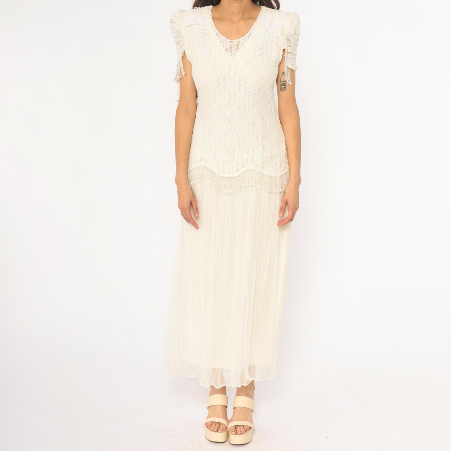 80s Cream Lace Puff Sleeve Dress Beaded Grape Detail Maxi Large L