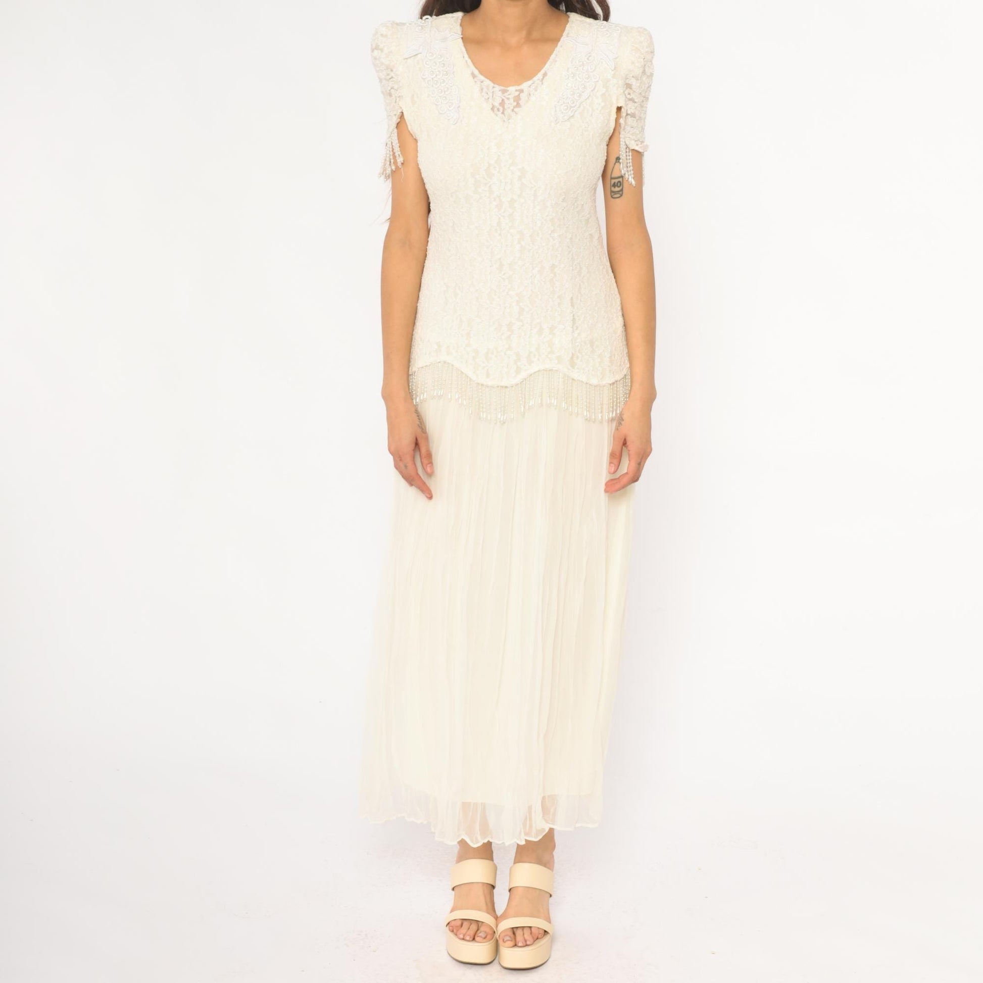 80s Cream Lace Puff Sleeve Dress Beaded Grape Detail Maxi Large L
